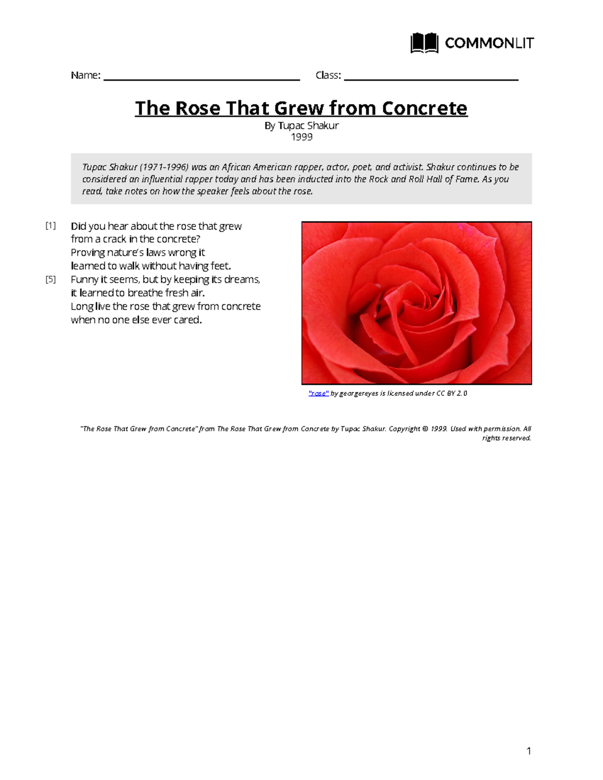 Commonlit therosethatgrewfromconcrete student Copy Name Class "rose" by Studocu