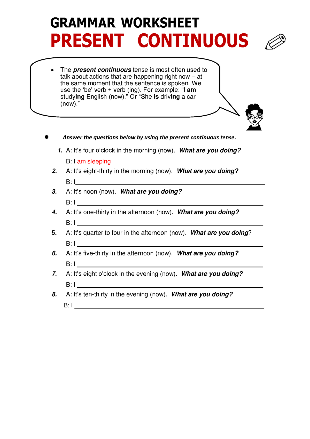 Present Continuous Grammar Worksheet - GRAMMAR WORKSHEET PRESENT ...