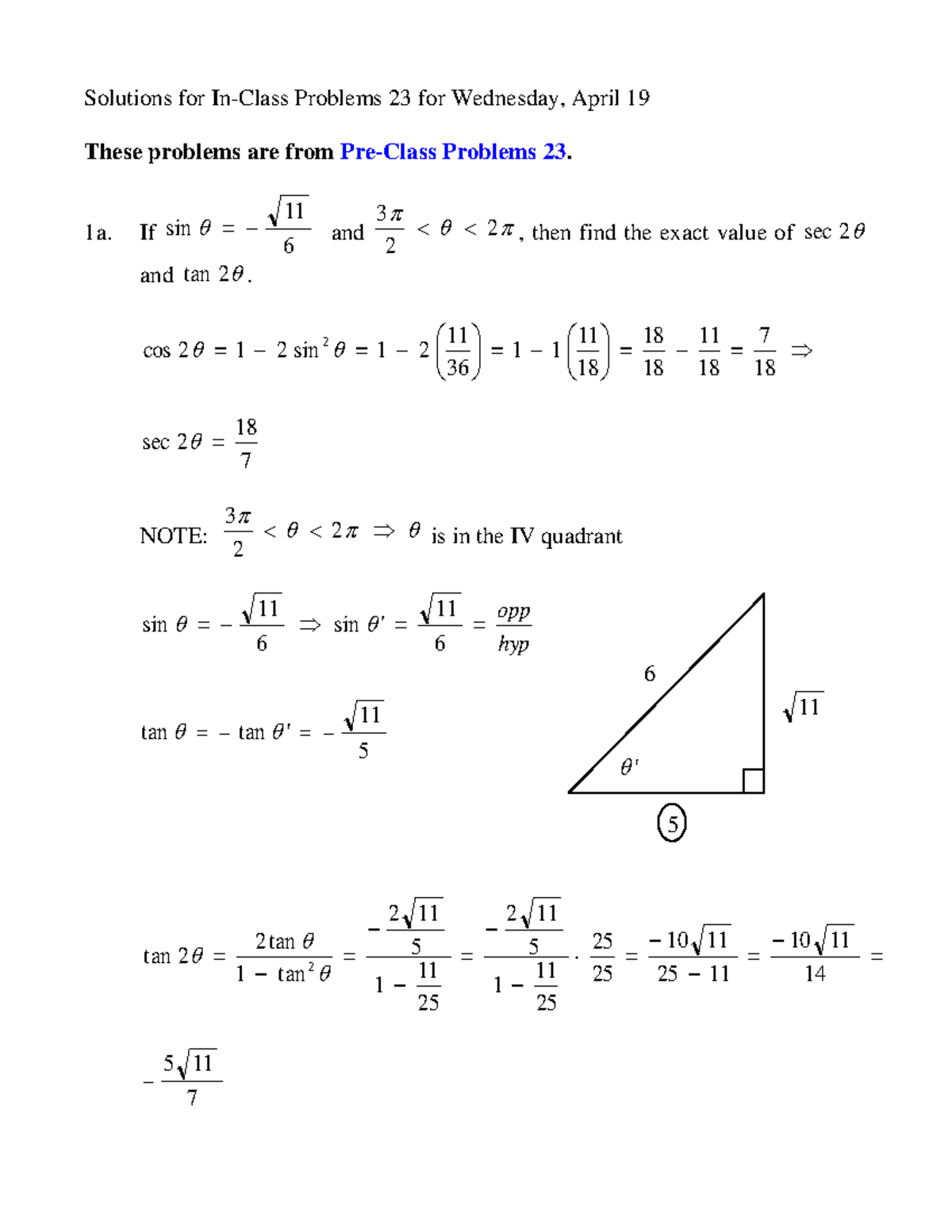 Problems 23MWFSol - 5 11 tan tan ' Solutions for In-Class Problems 23 ...