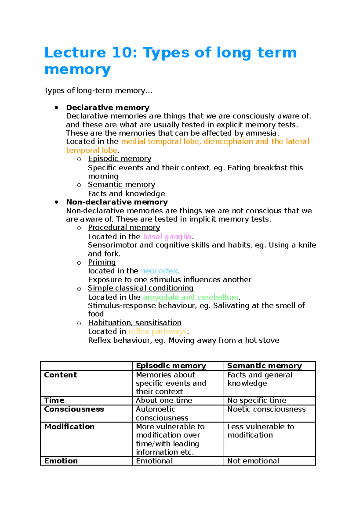 Lecture 10 Types of long term memory Lecture 10 Types of long term