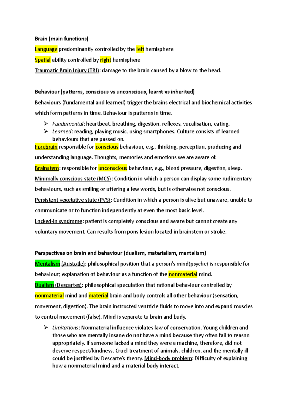 PSY251 Exam Notes - Brain (main functions) Language predominantly ...