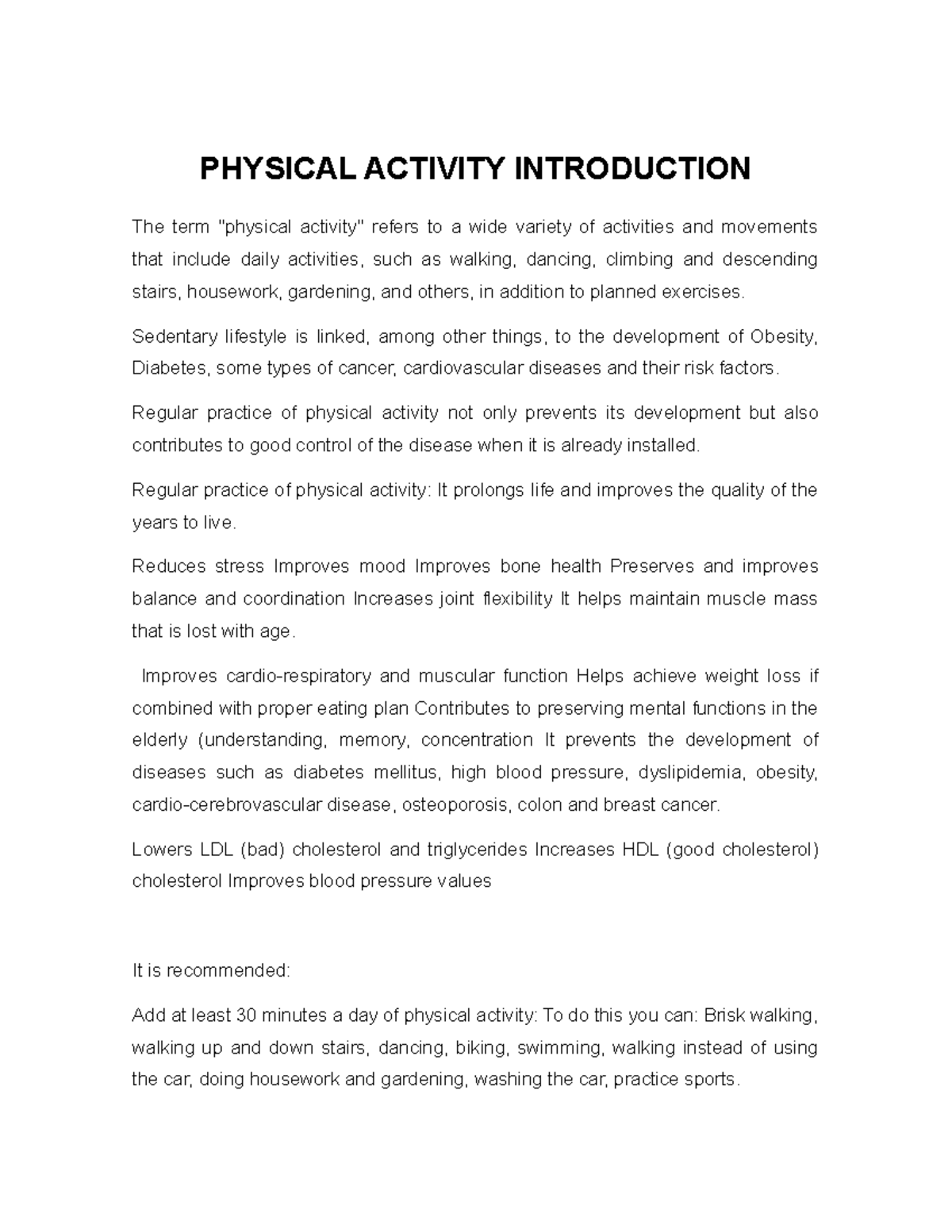 Physical Activity Introduction - PHYSICAL ACTIVITY INTRODUCTION The ...