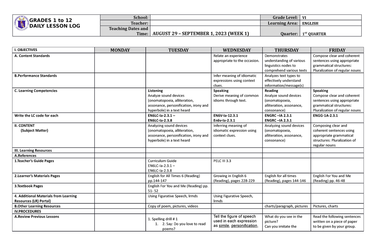 DLL English 6 Q1 W1 - GRADES 1 To 12 DAILY LESSON LOG School: Grade ...