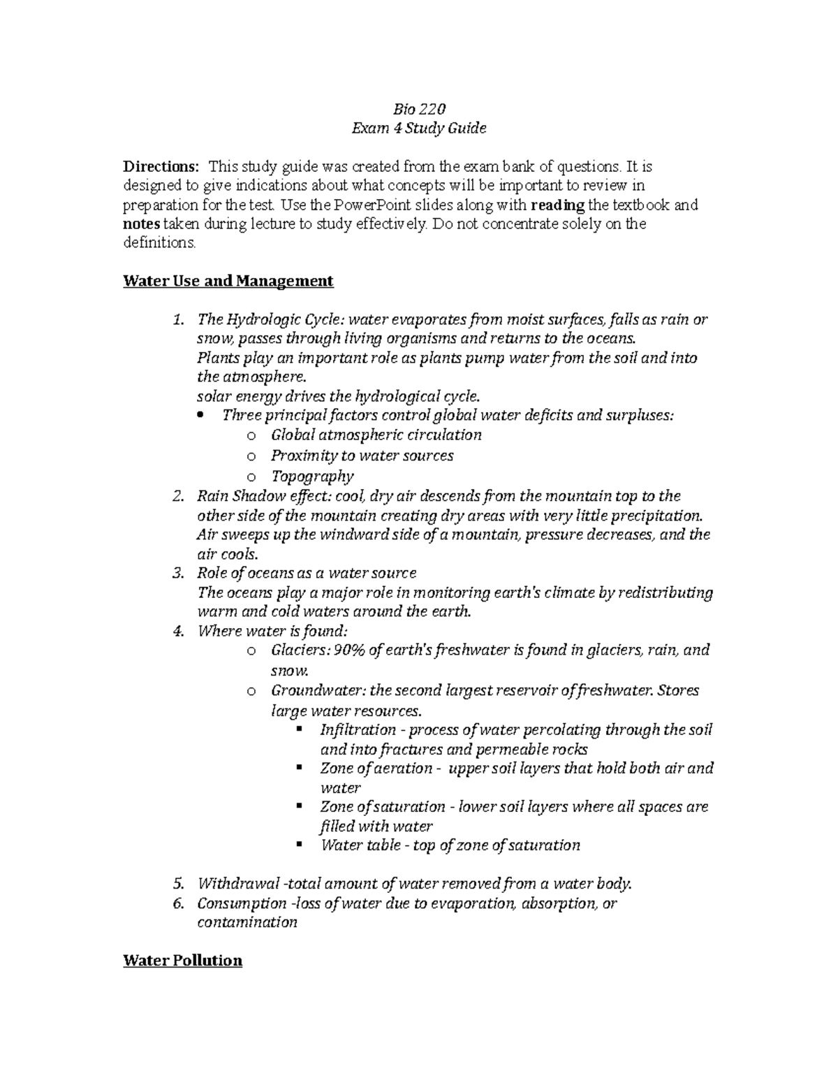 Bio 220 Exam 4 Study Guide - Bio 220 Exam 4 Study Guide Directions ...