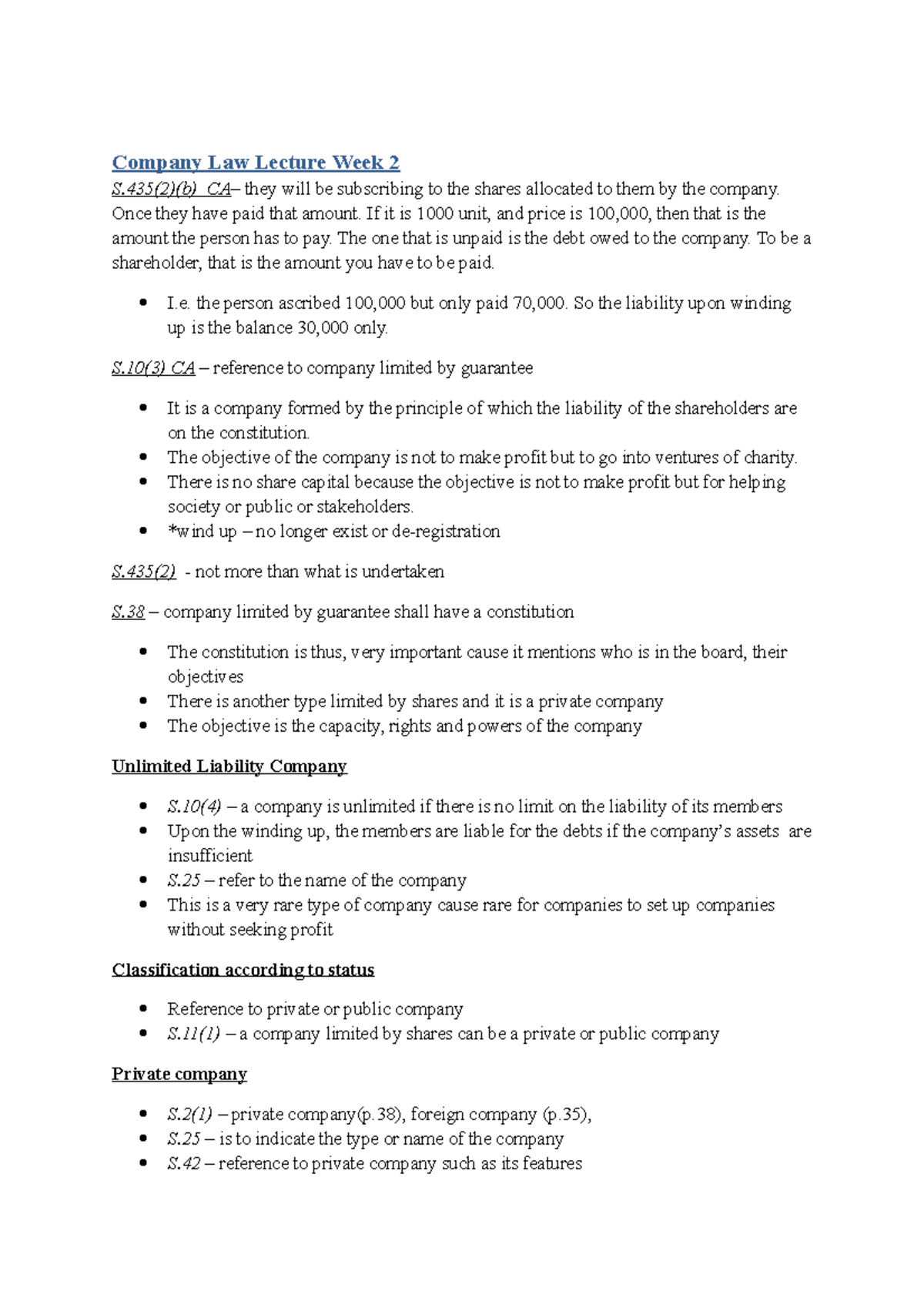 CL Lecture Week 2 - Company law notes - Company Law Lecture Week 2 S(2 ...