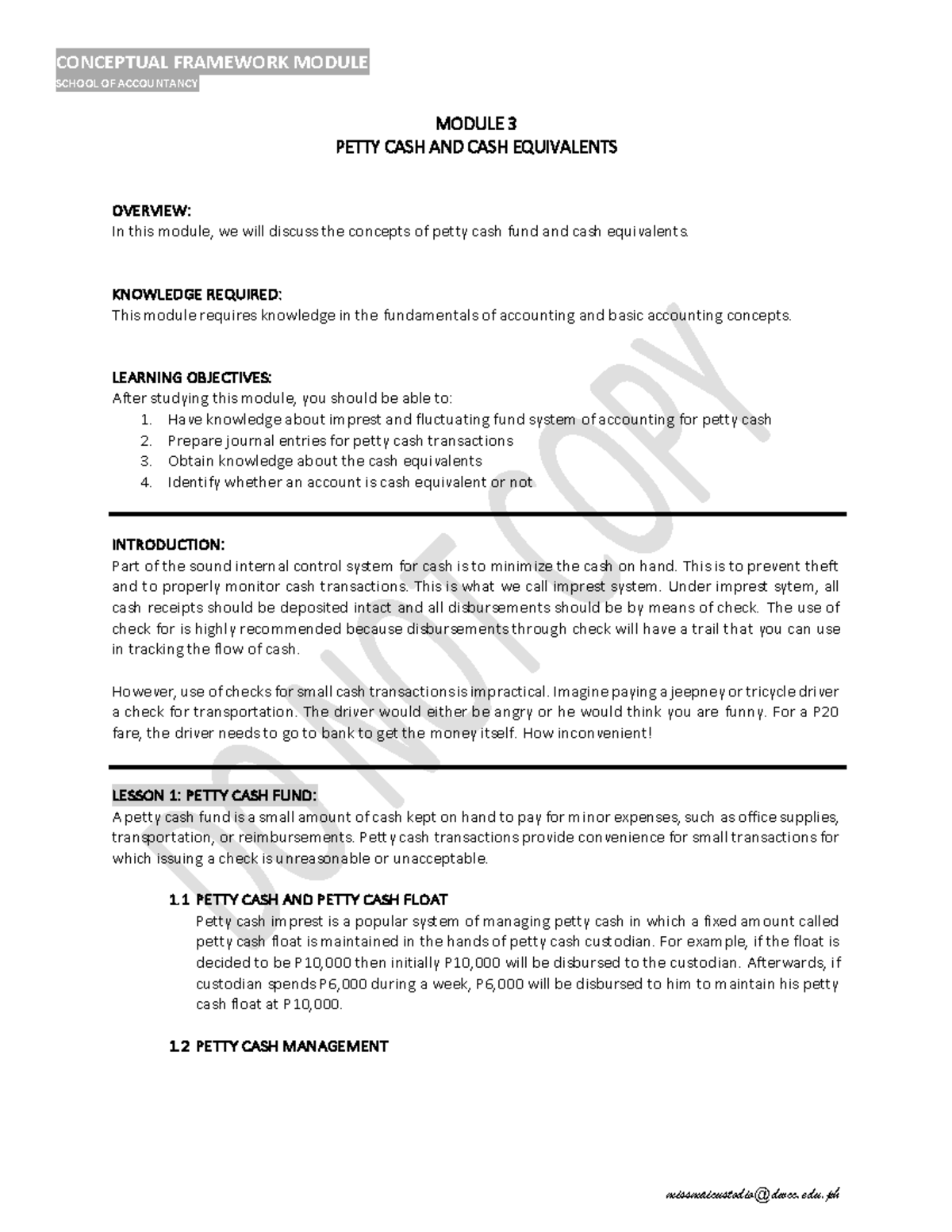 Module 3 Conceptual Framework - SCHOOL OF ACCOUNTANCY MODULE 3 PETTY CASH  AND CASH EQUIVALENTS - StuDocu