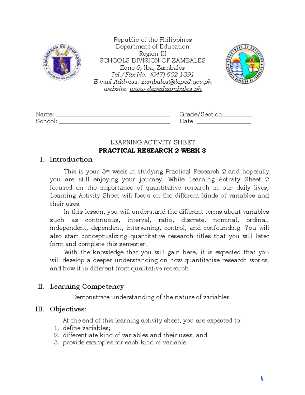 G12 Practical Research 2 W3 Las Republic Of The Philippines Department Of Education Region Iii 0700