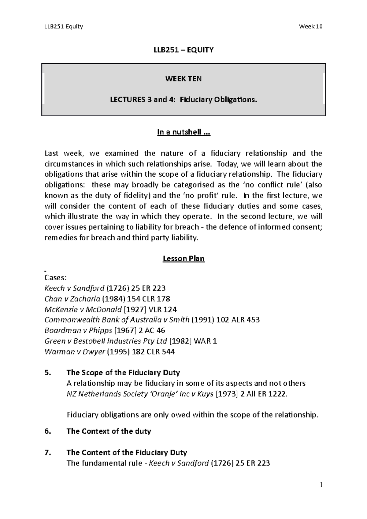 Week 10 Fiduciary Obligations - LLB251 Equity Week 10 LLB251 – EQUITY ...