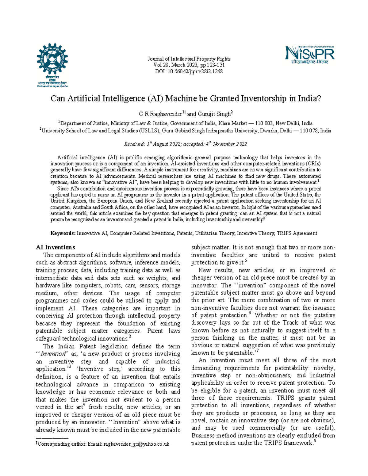 IPR-1324+corrected+proof - Journal of Intellectual Property Rights Vol ...