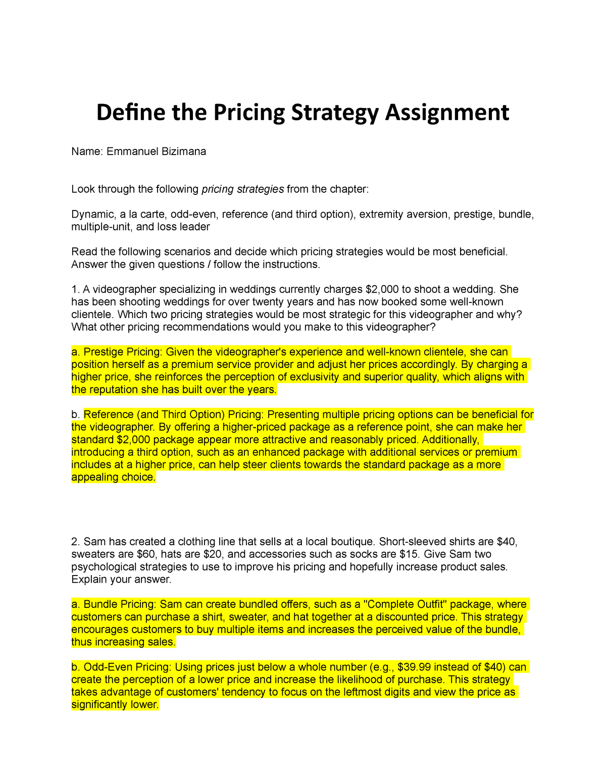 assignment on pricing