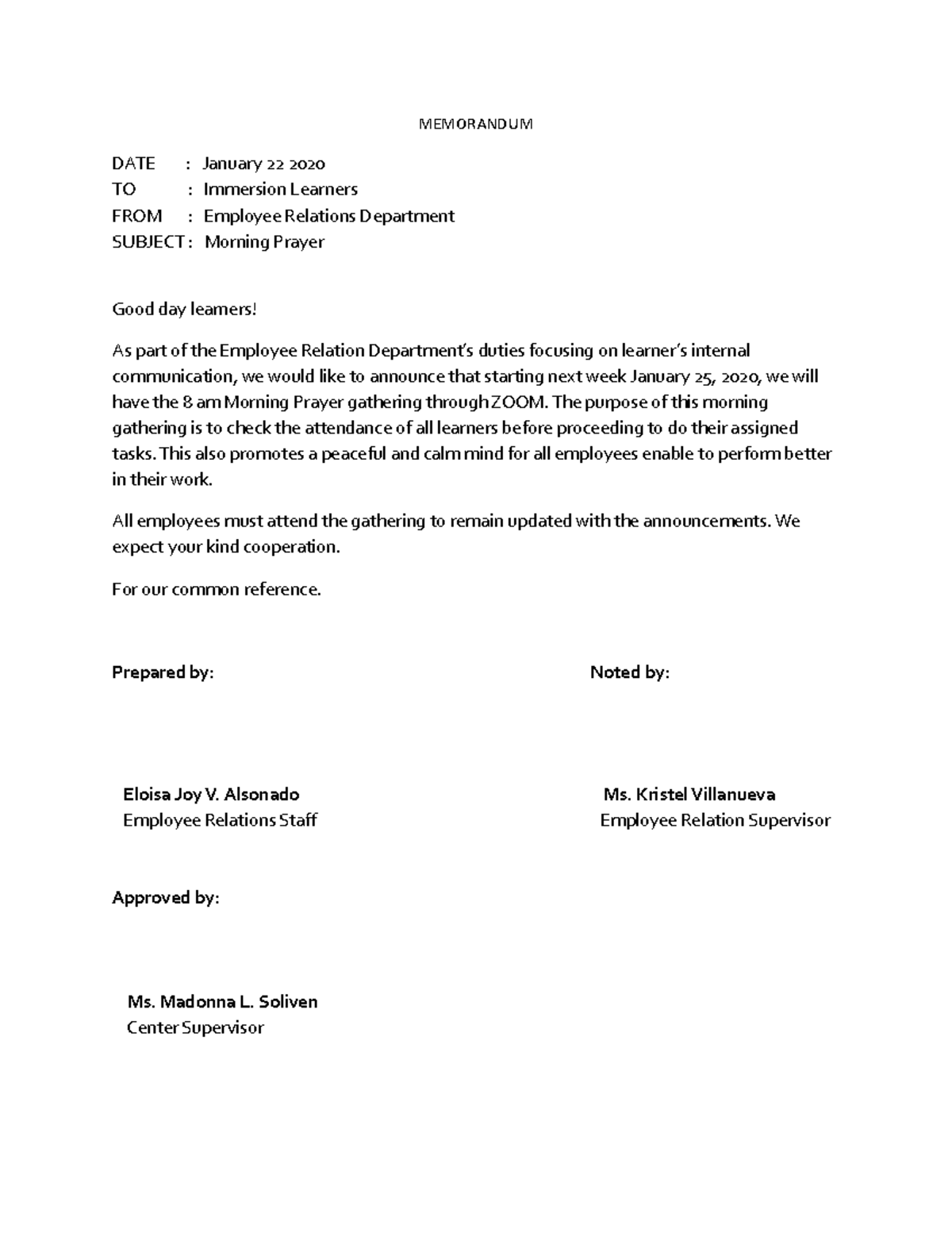 Memorandum-prayer - Sample of memorandum - MEMORANDUM DATE : January 22 ...