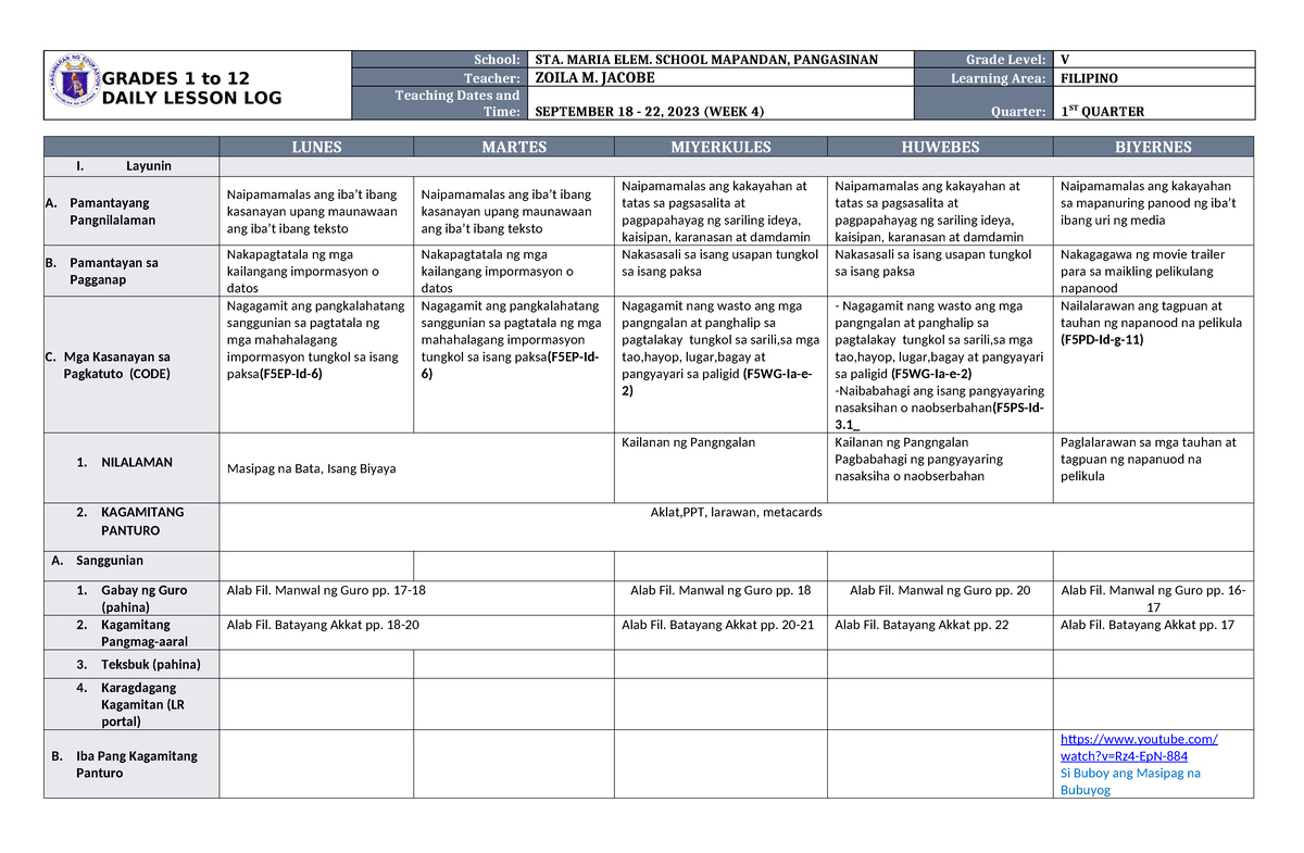 DLL Filipino 5 Q1 W4 - Notes - GRADES 1 To 12 DAILY LESSON LOG School ...