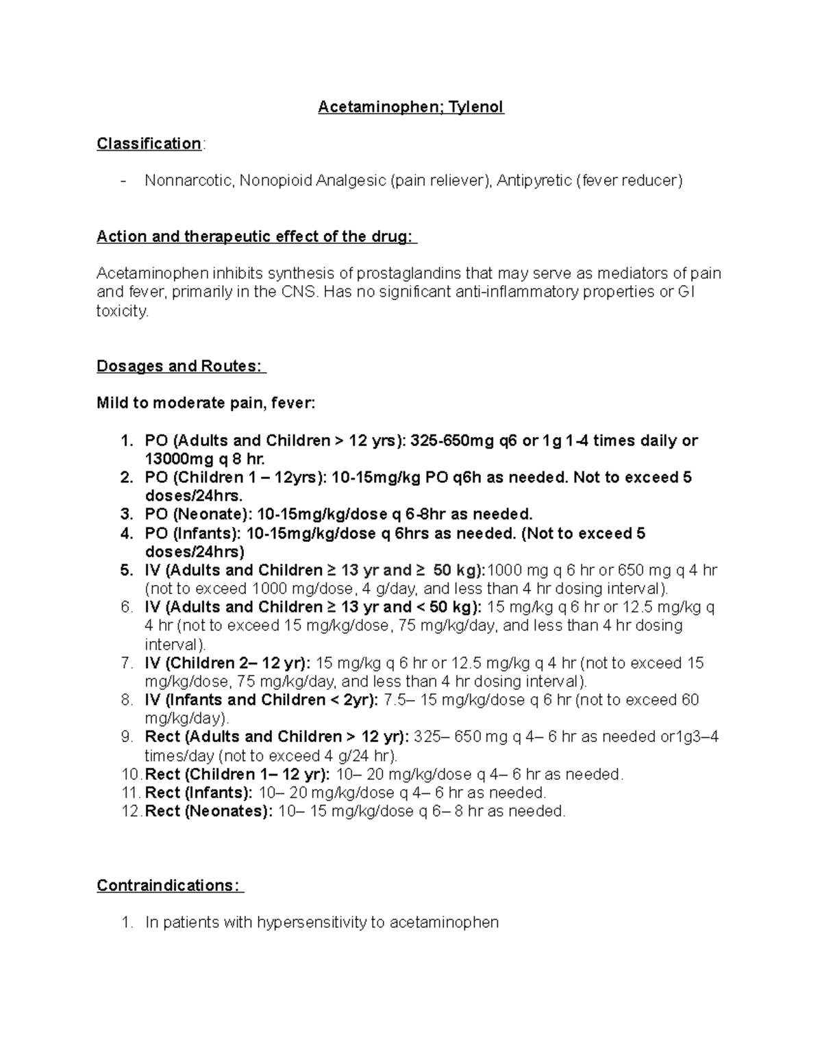 Acetaminophen Drug Card Acetaminophen; Tylenol Classification