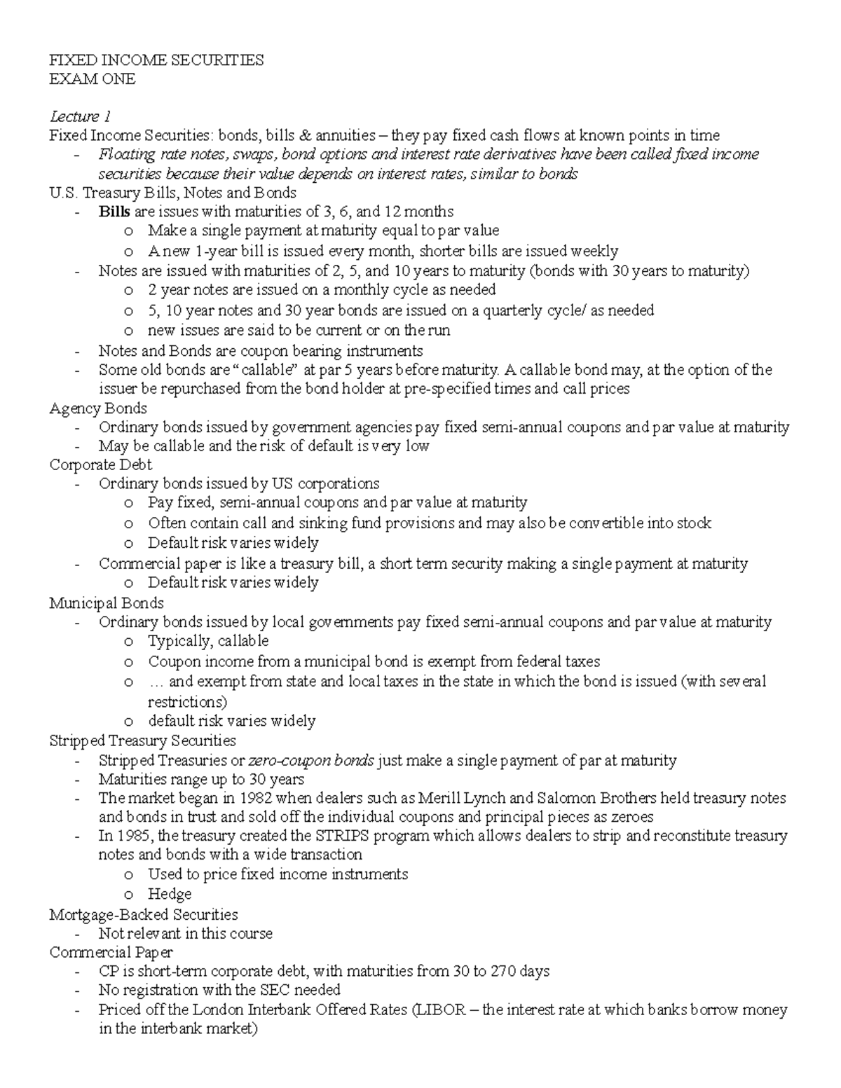 Fixed Income Securities EXAM 1 - Class Notes - FIXED INCOME SECURITIES ...