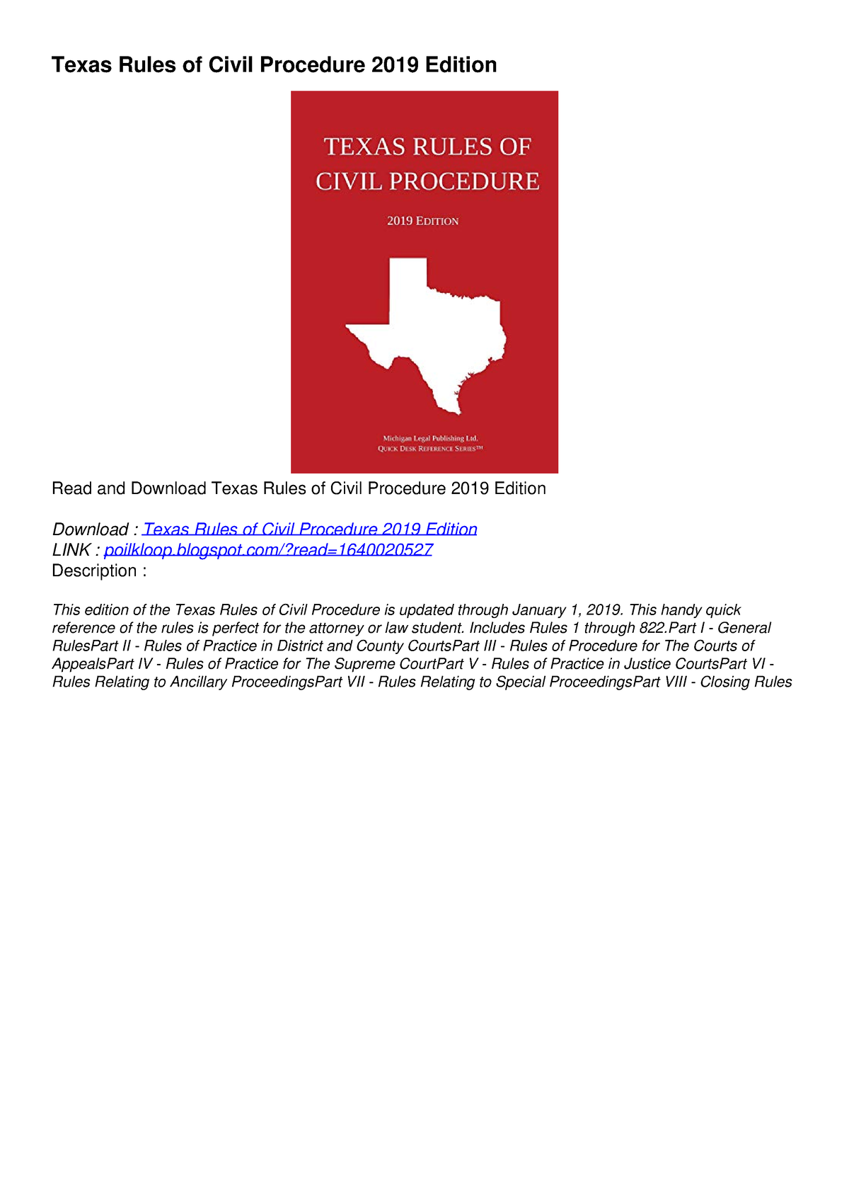 EPUB DOWNLOAD Texas Rules of Civil Procedure 2019 Edition kindle