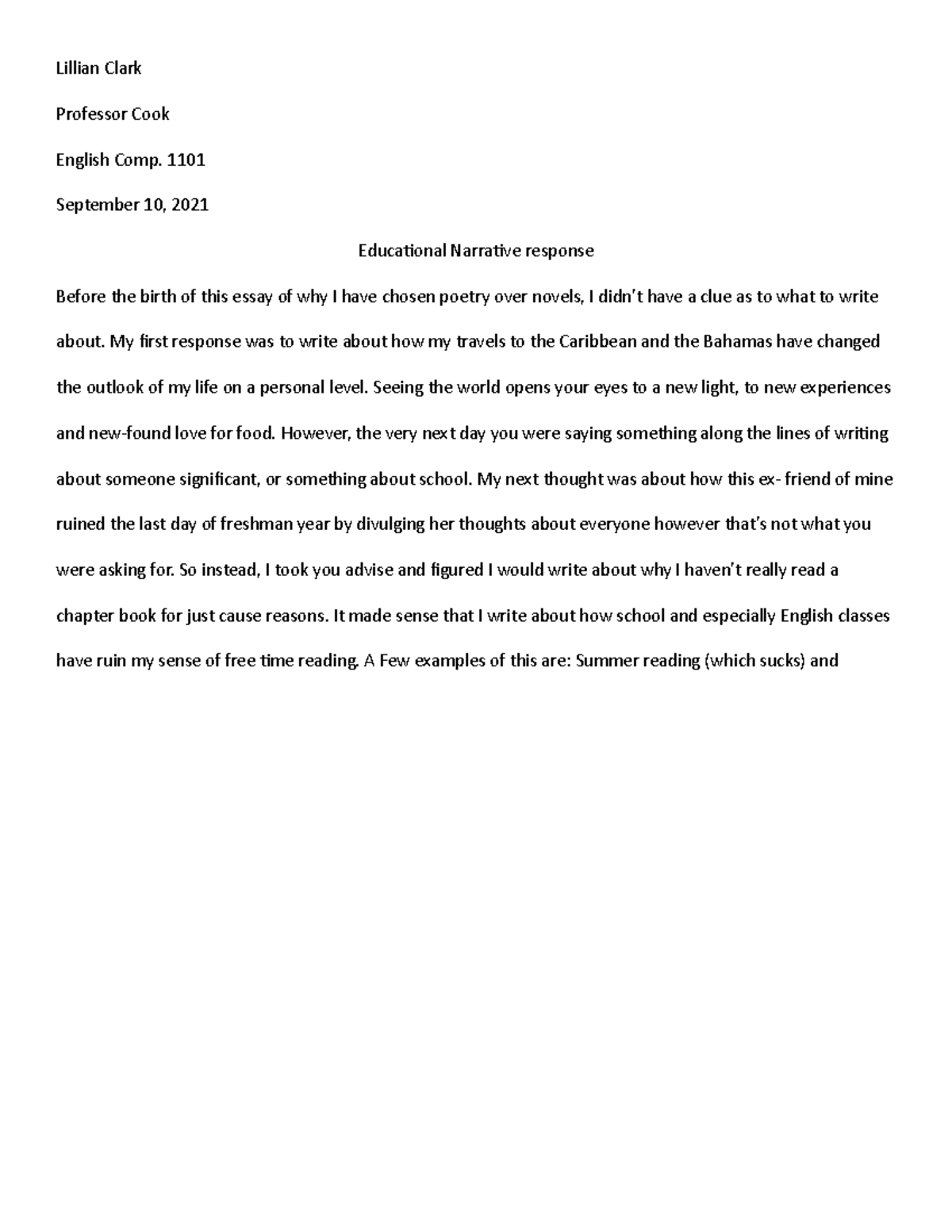 ENG eduational narrative response - Lillian Clark Professor Cook ...