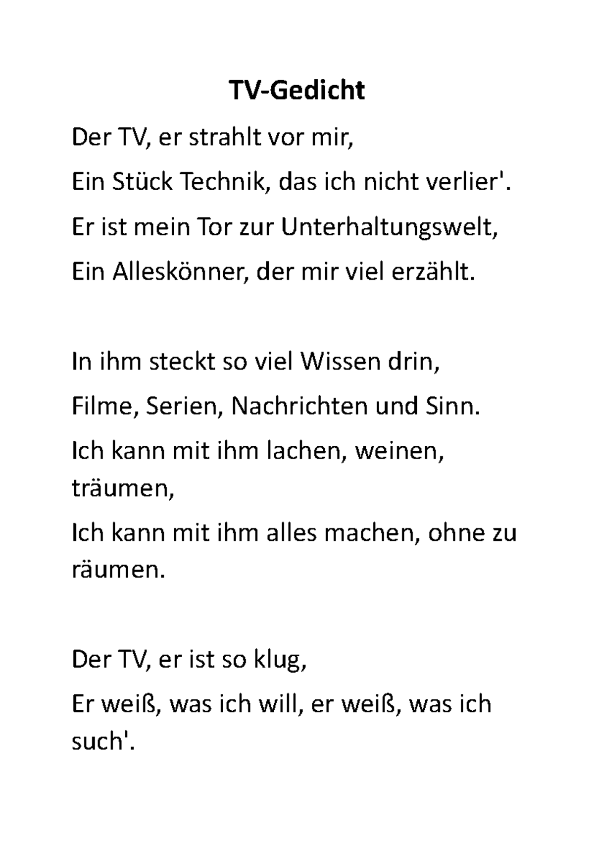 TVGedicht sehr gut TVGedicht Der TV, er strahlt vor mir, Ein Stück Technik, das ich nicht