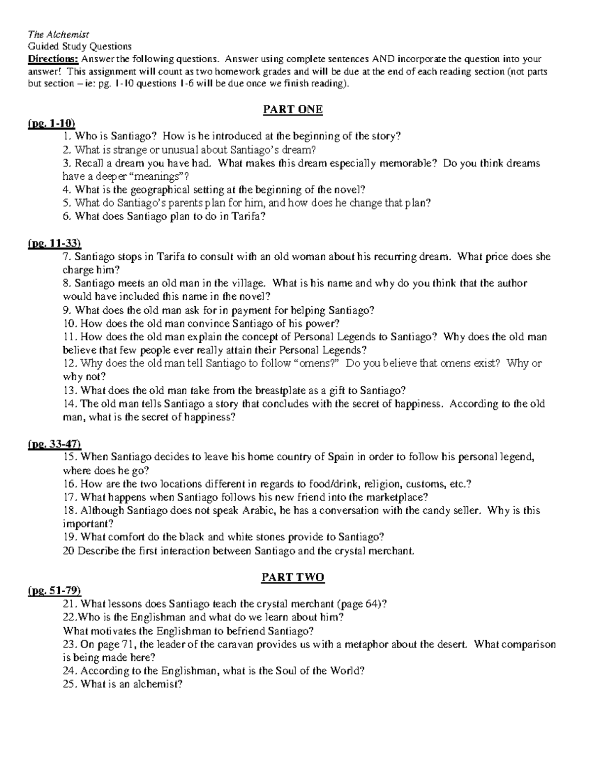 The Alchemist Study Guide 2015 The Alchemist Guided Study Questions