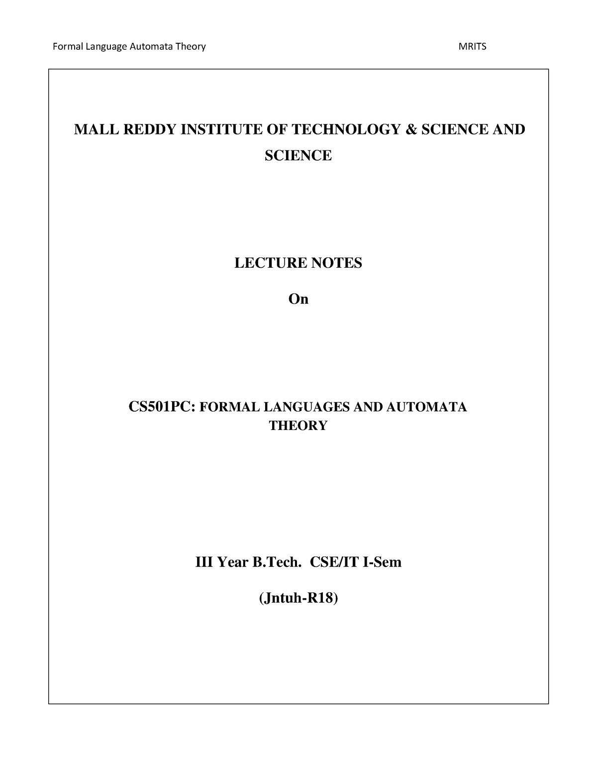 Formal Languages And Automata Theory Lecture Notes - MALL REDDY ...