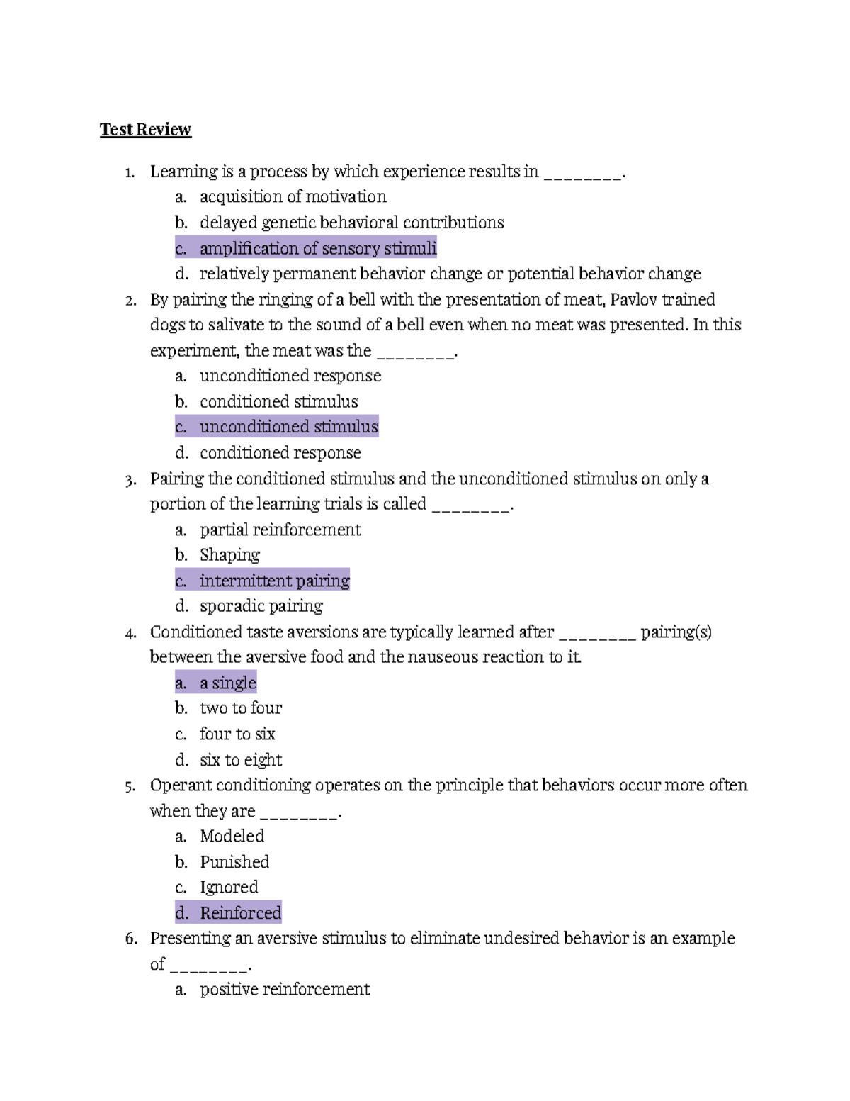 Exam Review - Test Review Learning is a process by which experience ...