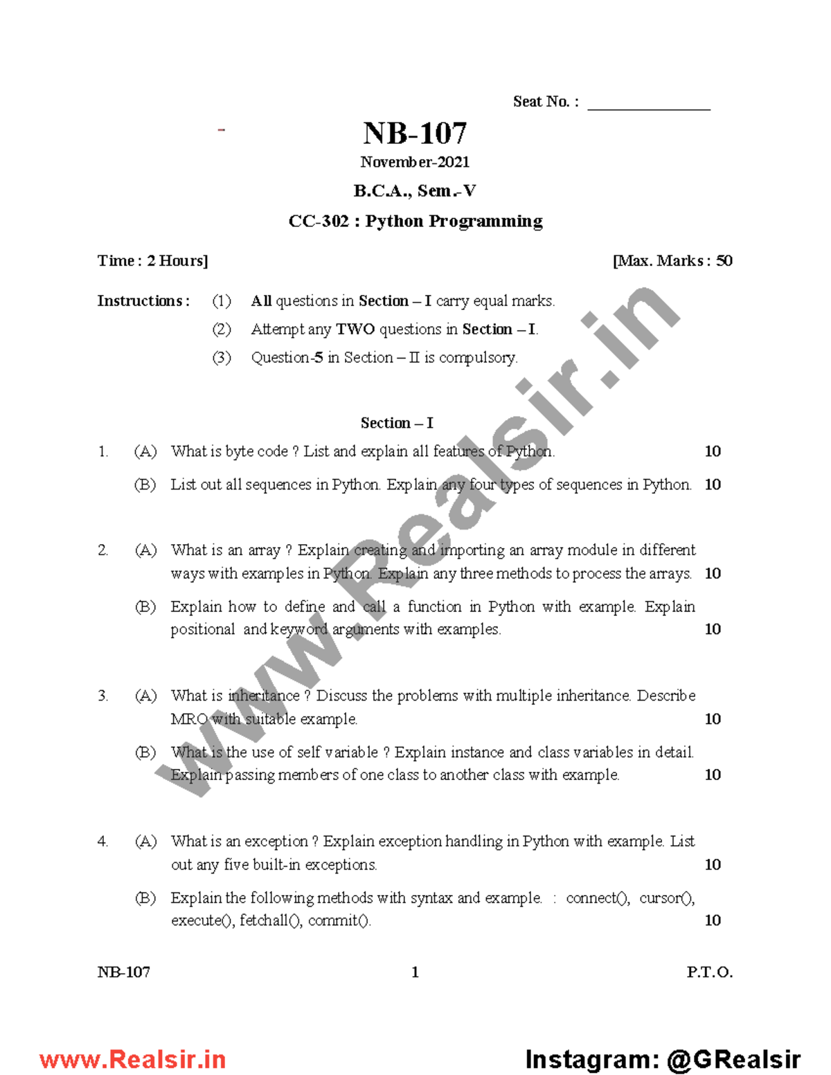 Python 2021 - Exam Paper Material - NB-107 1 P.T. Seat No ...