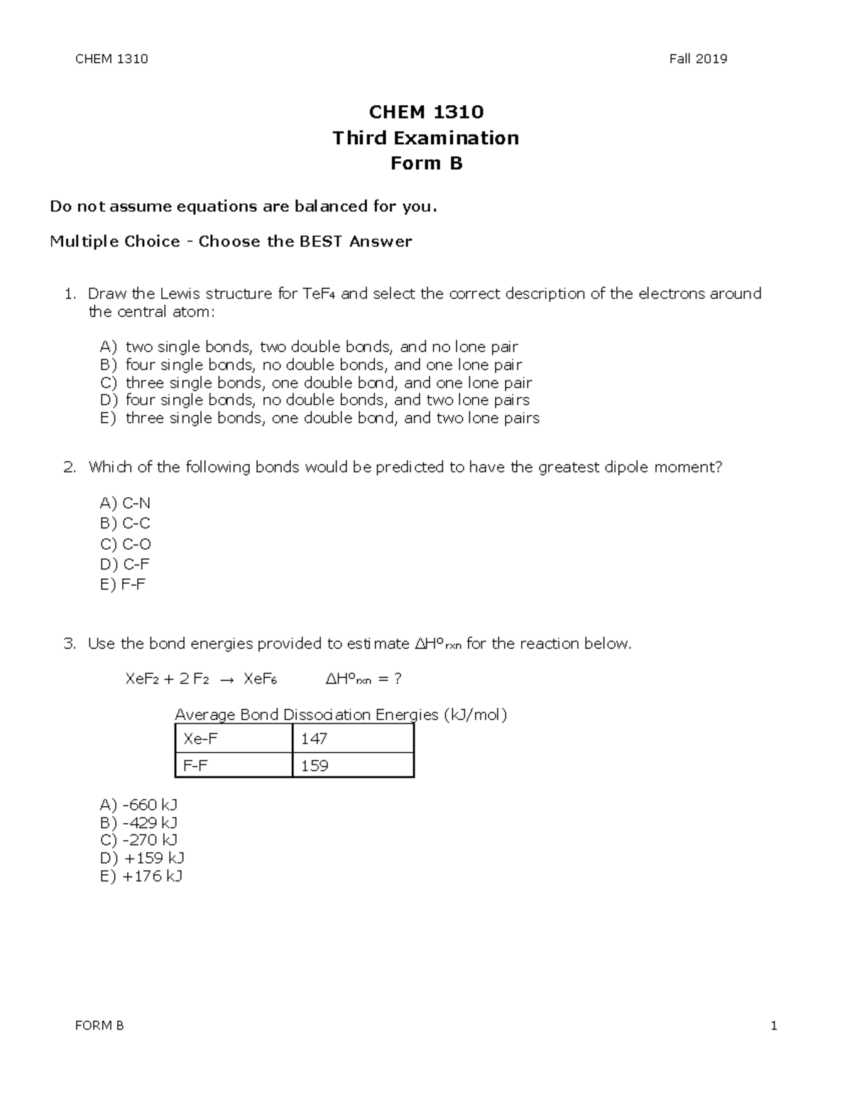 CHEM 1310 Exam 3 Form B - Practice Exam Questions - CHEM 1310 Third ...