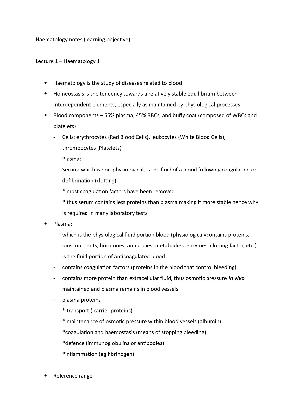 Haematology notes - ) - is the fluid portion of anticoagulated blood ...