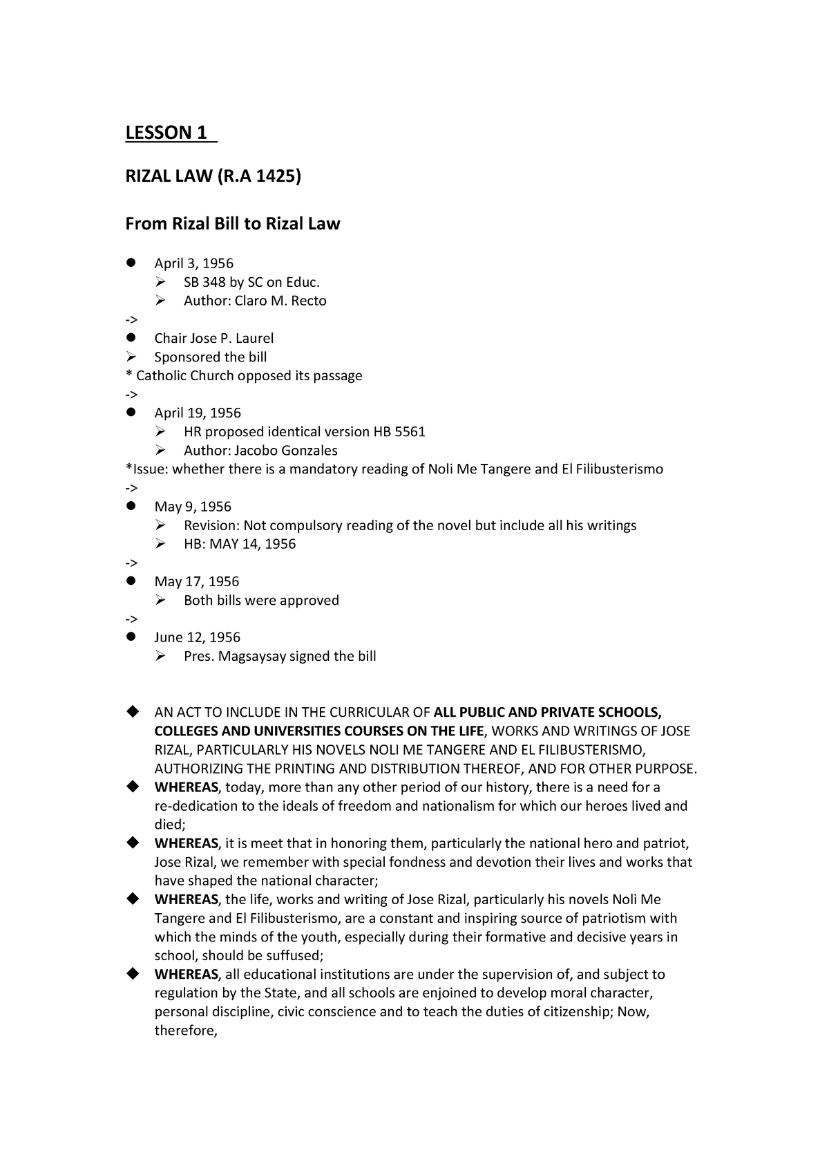 Rizal Bill To Rizal Law From Life And Works Of Jose Rizal - LESSON 1 ...