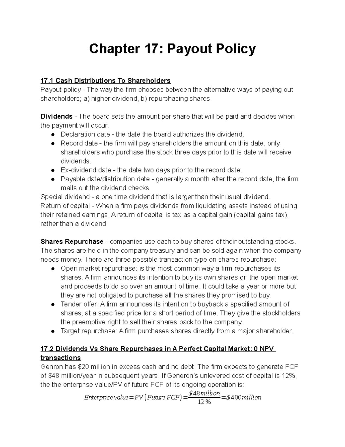 Chapter 17, Payout Policy - Chapter 17: Payout Policy 17 Cash ...