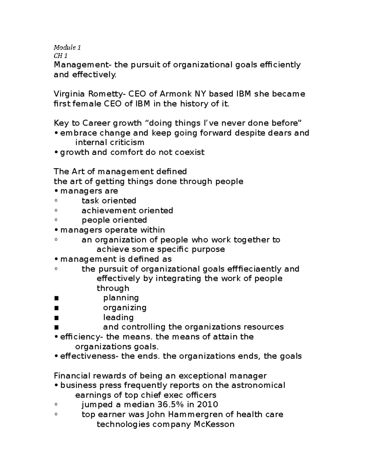 MGT 201 Module 1 - Summary Principles Of Mgt - Module 1 CH 1 Management ...