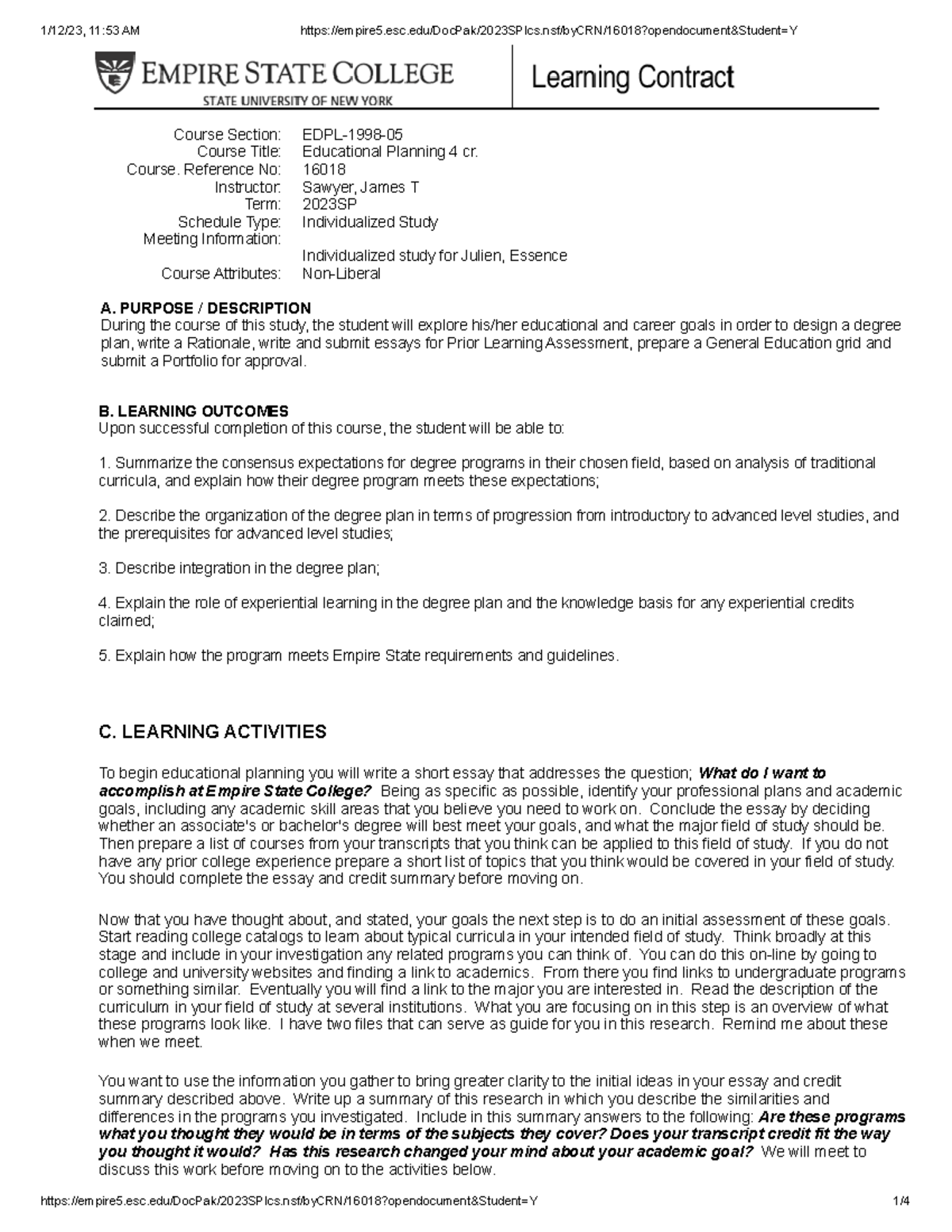 Education Planning Learning Contract Course Section EDPL1998