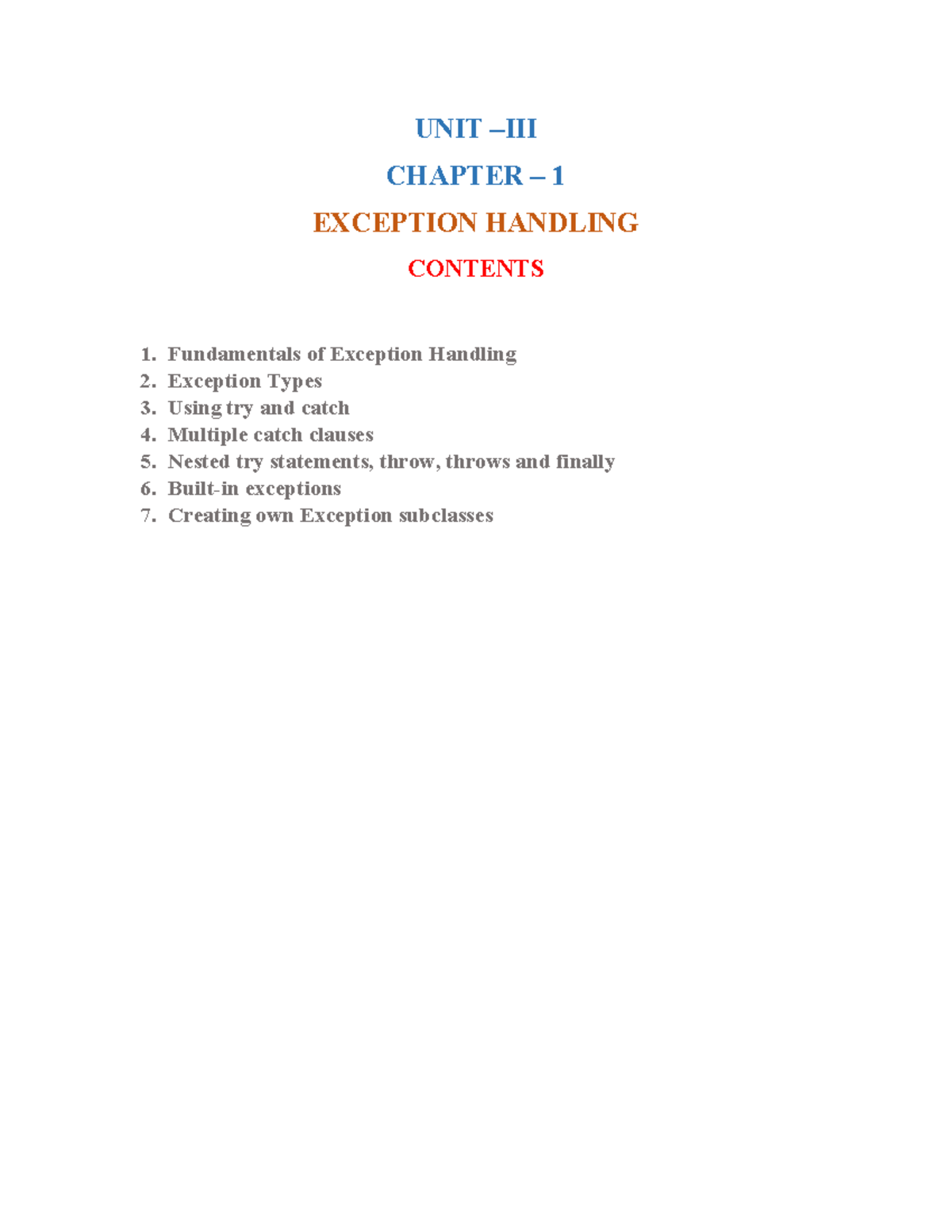 OOPJ Notes 3 1 - java - UNIT –III CHAPTER – 1 EXCEPTION HANDLING ...