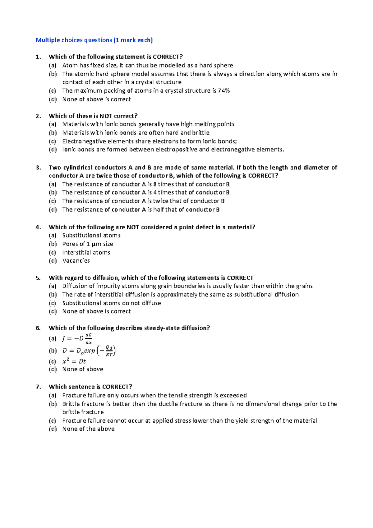 Exam 2014, questions - multiple choice - Multiple choices questions (1 ...