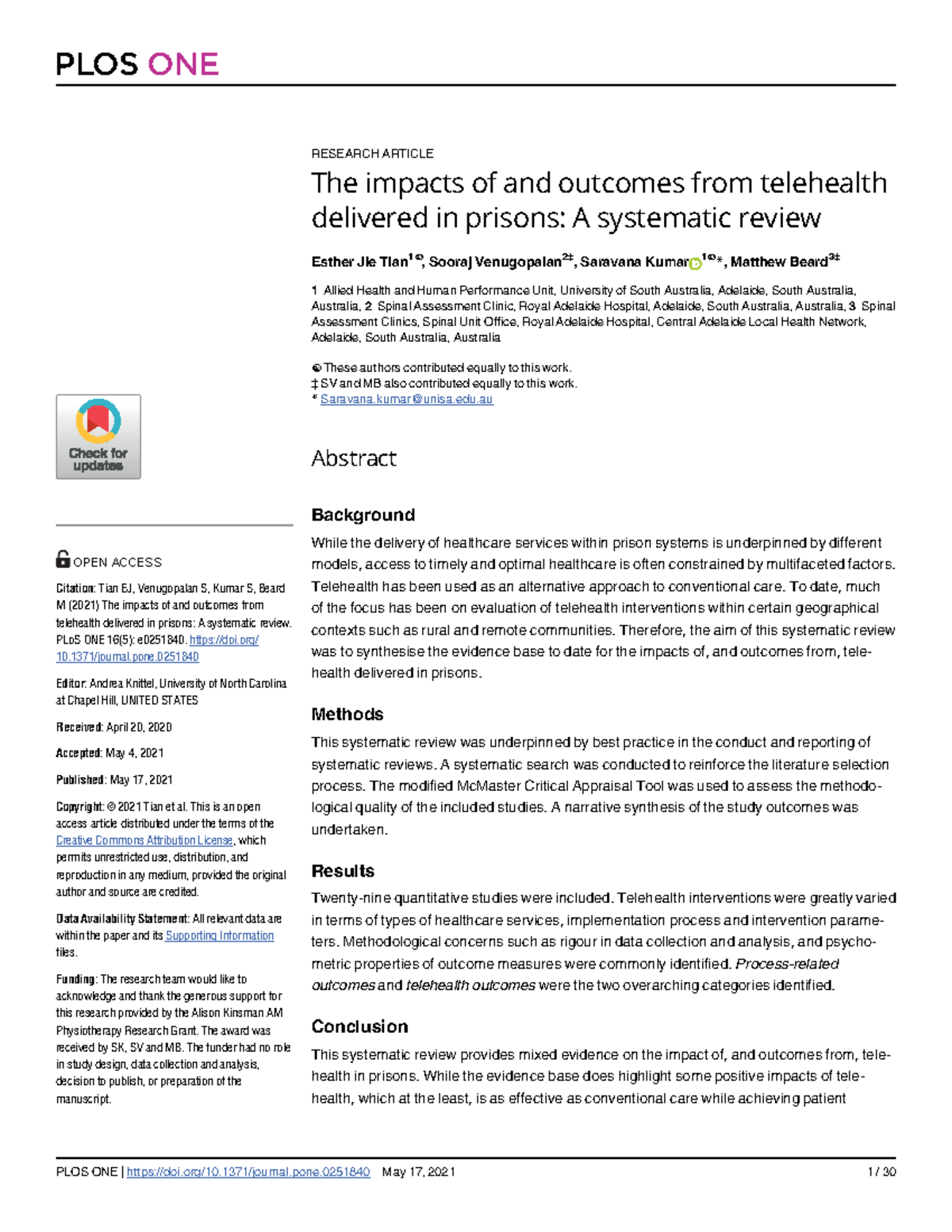 Nina - The impacts of and outcomes from telehealth delivered in prisons ...