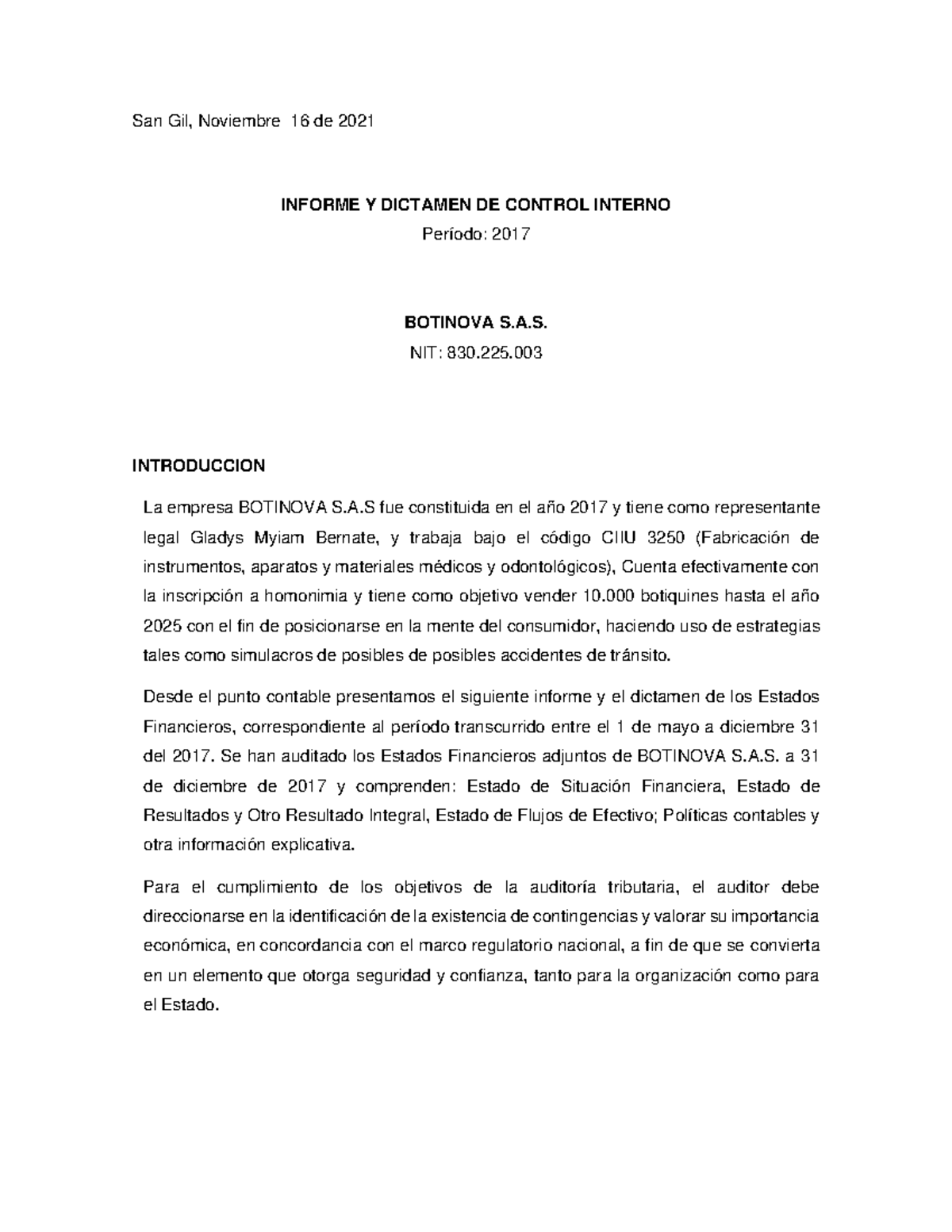 Informe Control Interno Botinova S - San Gil, Noviembre 16 de 2021 ...