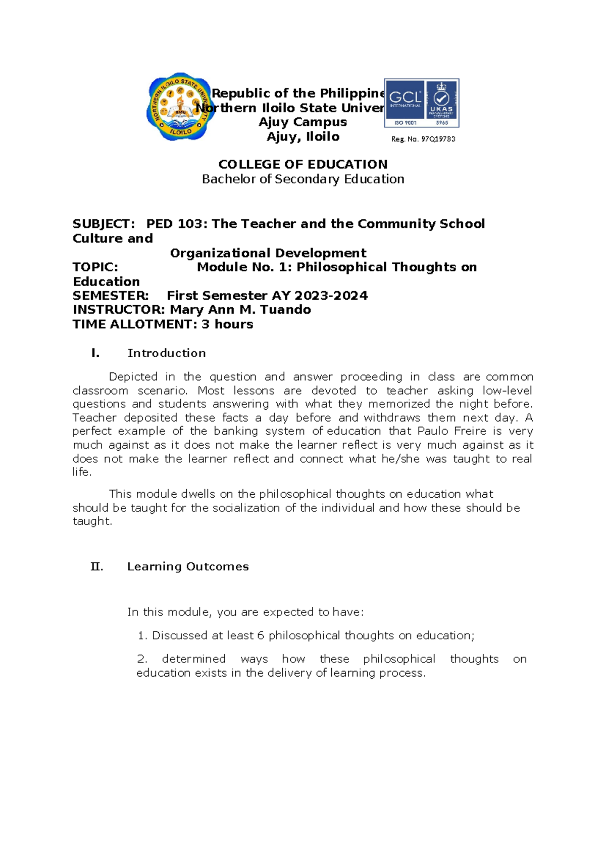 PED 103 Module 1 - Report - Republic of the Philippines Northern Iloilo ...