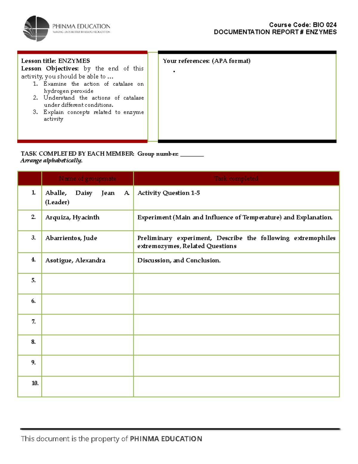 DOCU.- Enzymes - ss.sadlsdls - DOCUMENTATION REPORT # ENZYMES Lesson ...