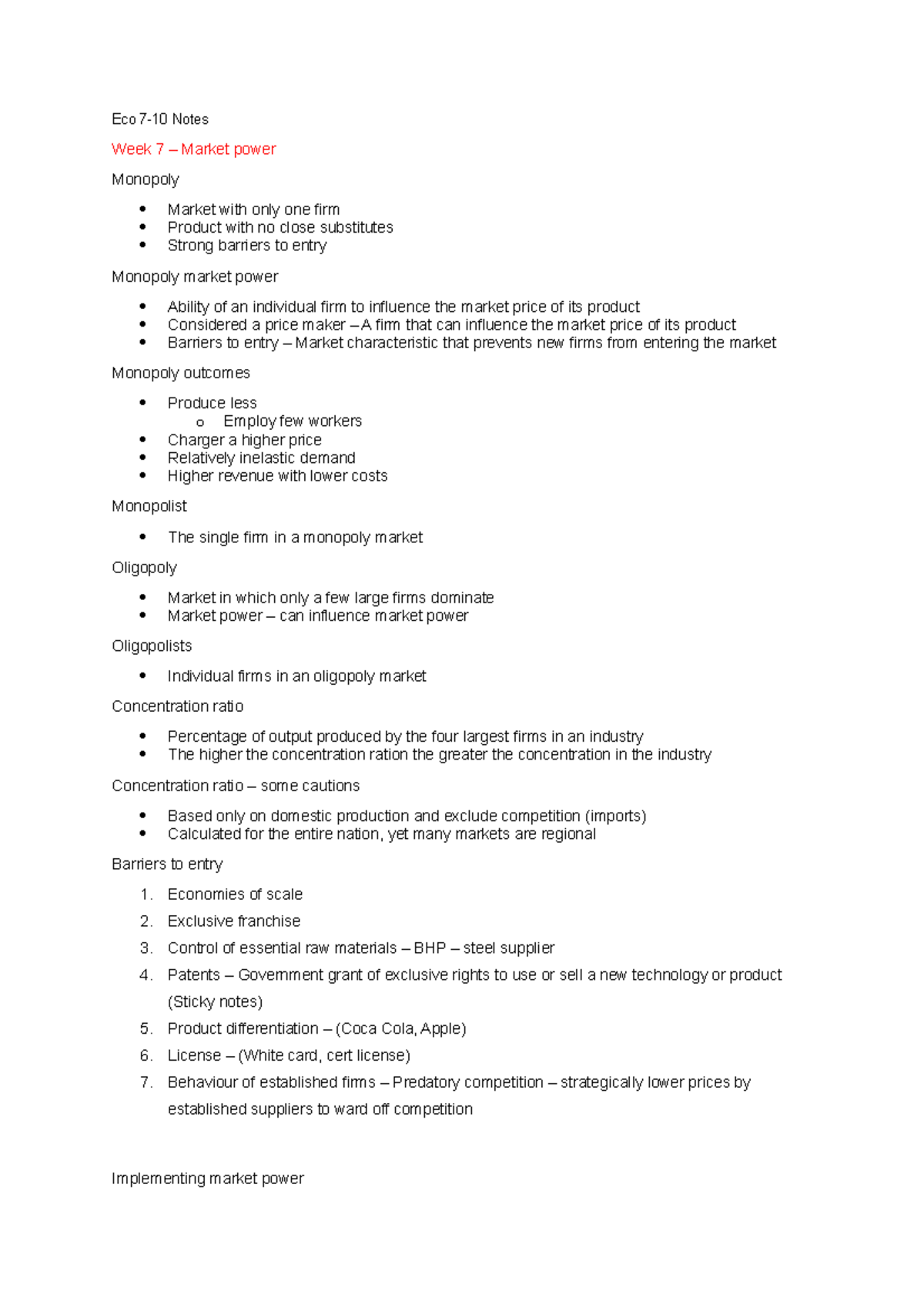Eco notes for exam 2 - Eco 7-10 Notes Week 7 – Market power Monopoly ...