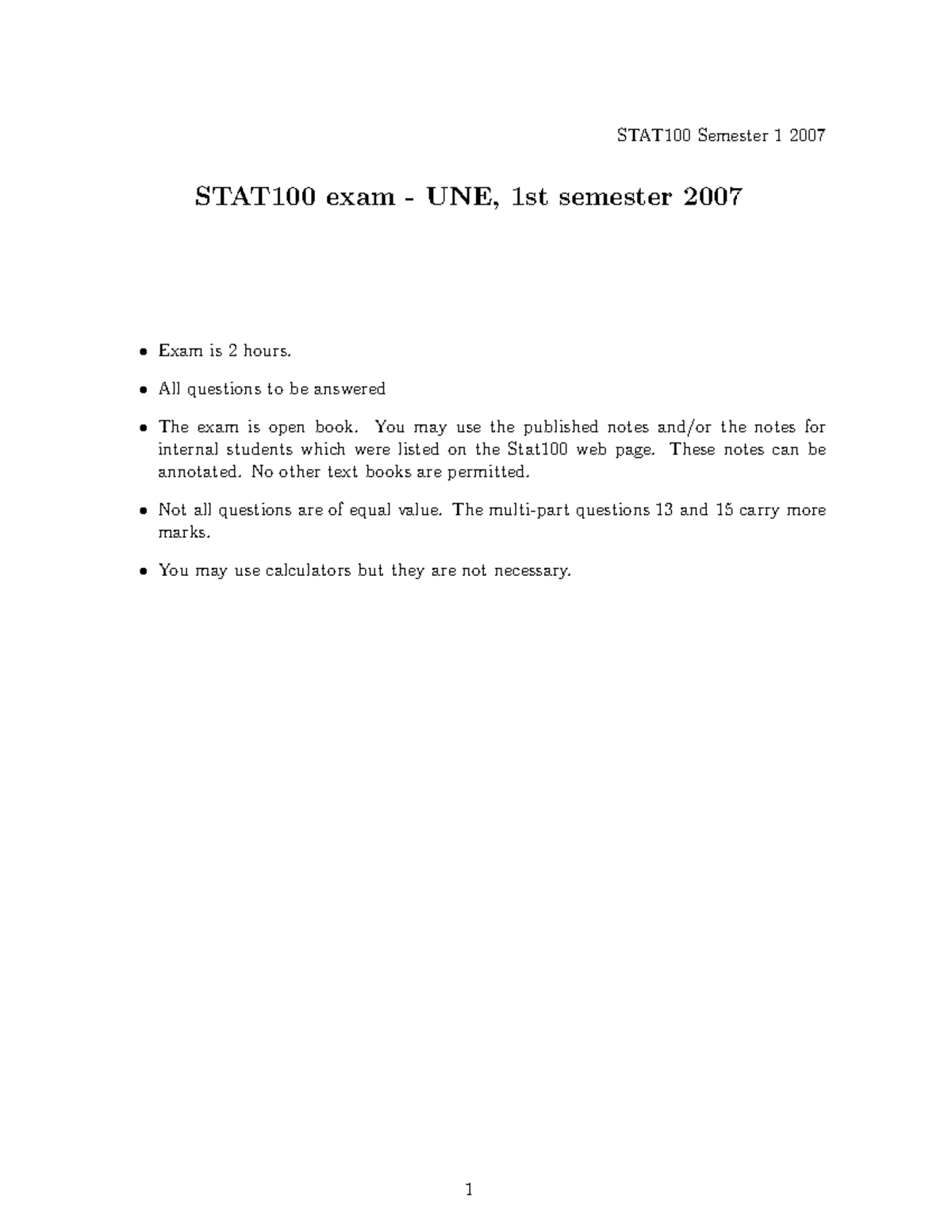 Sample/practice exam 2008, questions - STAT100 exam - UNE, 1st semester ...