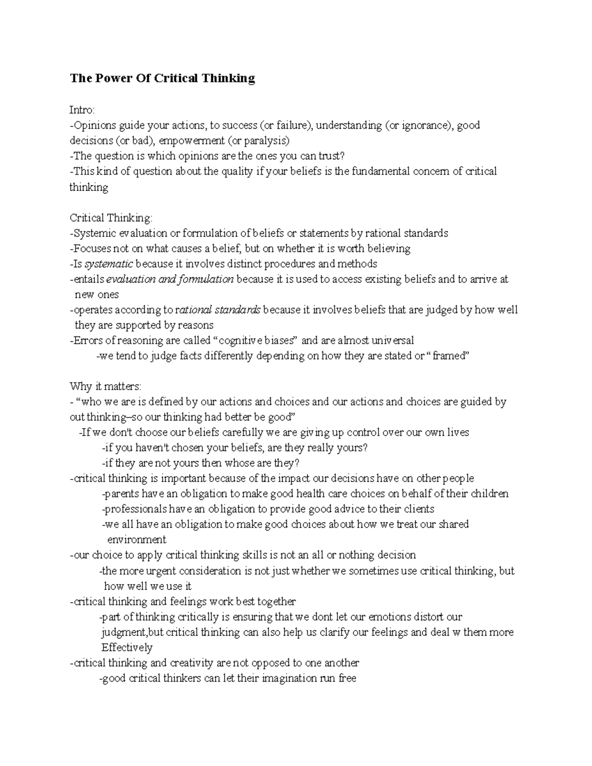 Philosophy Week 1 - Week one lecture notes on the power of critical ...