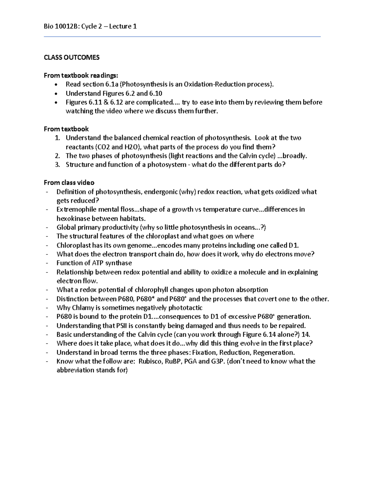 Bio 1002B - Cycle 4 (L1) - CLASS OUTCOMES From textbook readings ...