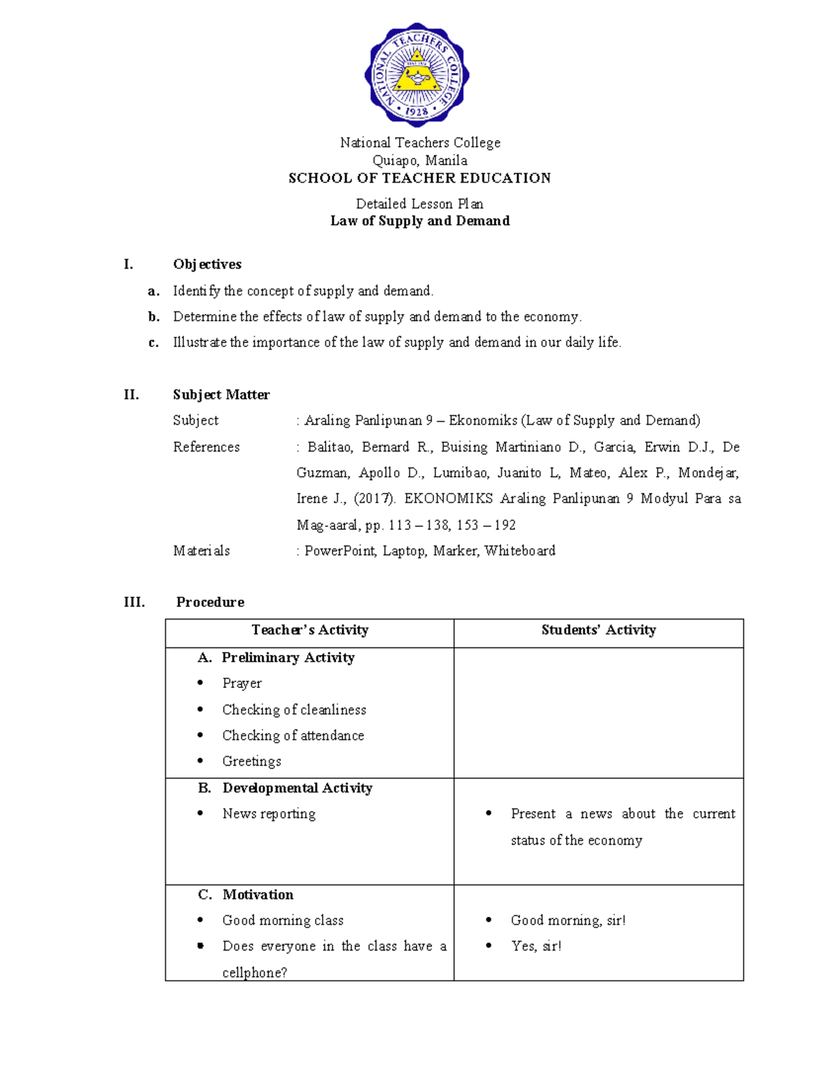 DLP Supply At Demand National Teachers College Quiapo, Manila SCHOOL