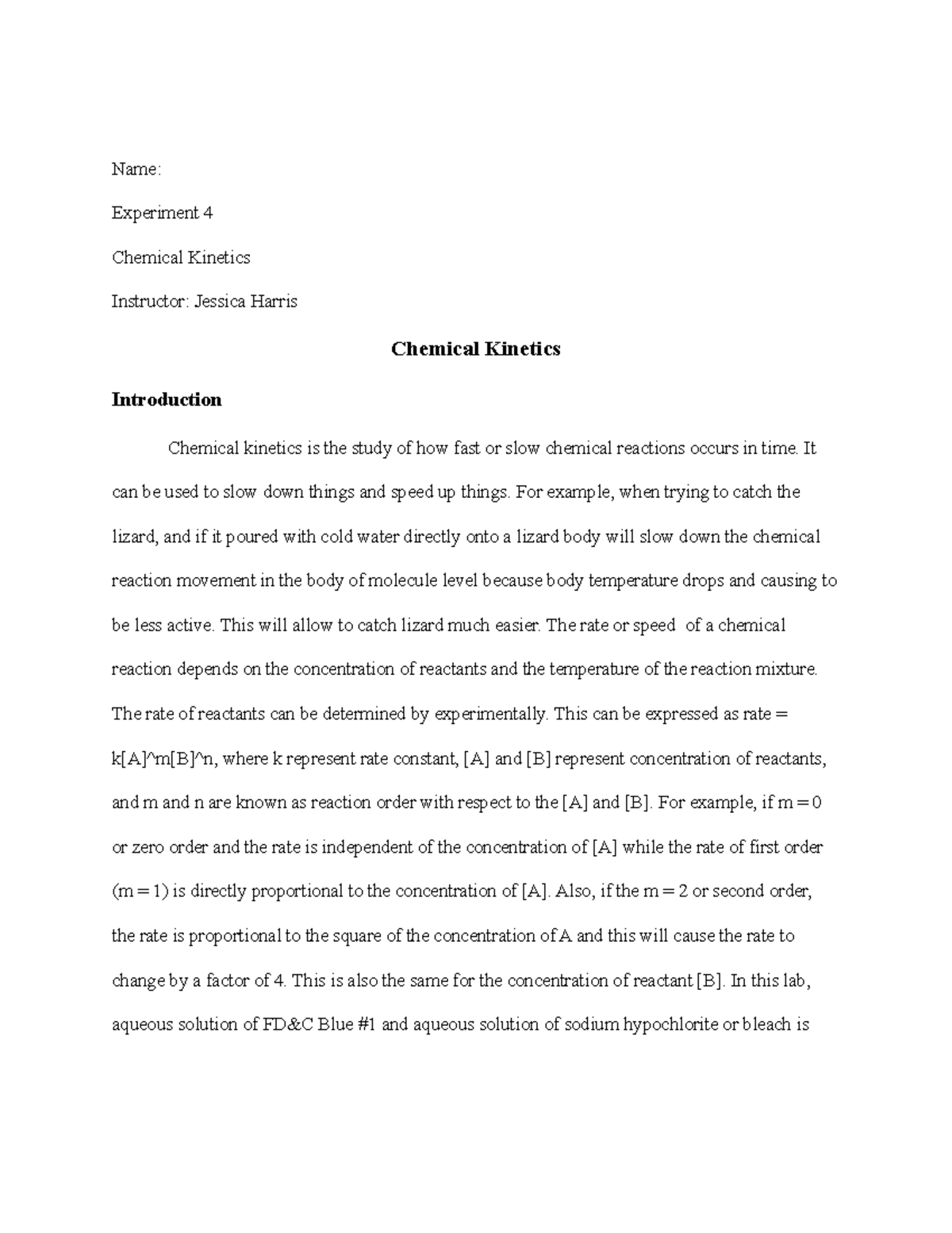 Chemical Kinetics - Lab Report - Name: Experiment 4 Chemical Kinetics ...