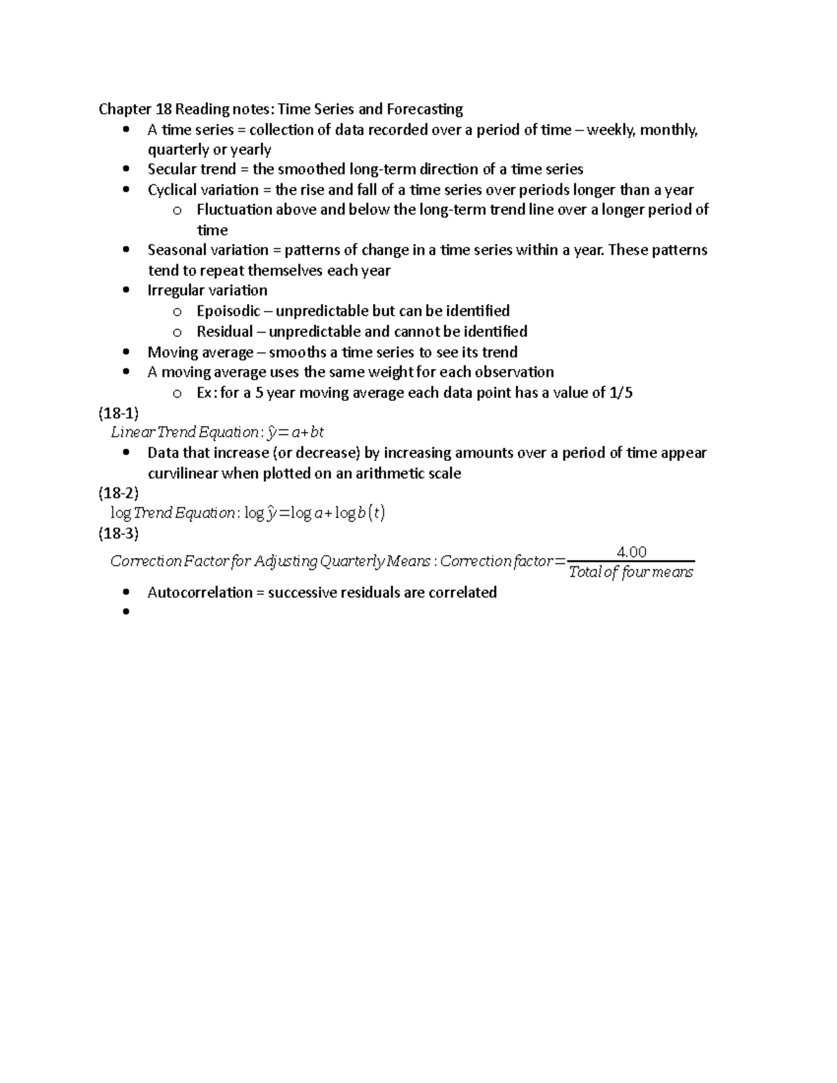 Chapter 18 Reading notes - Chapter 18 Reading notes: Time Series and ...
