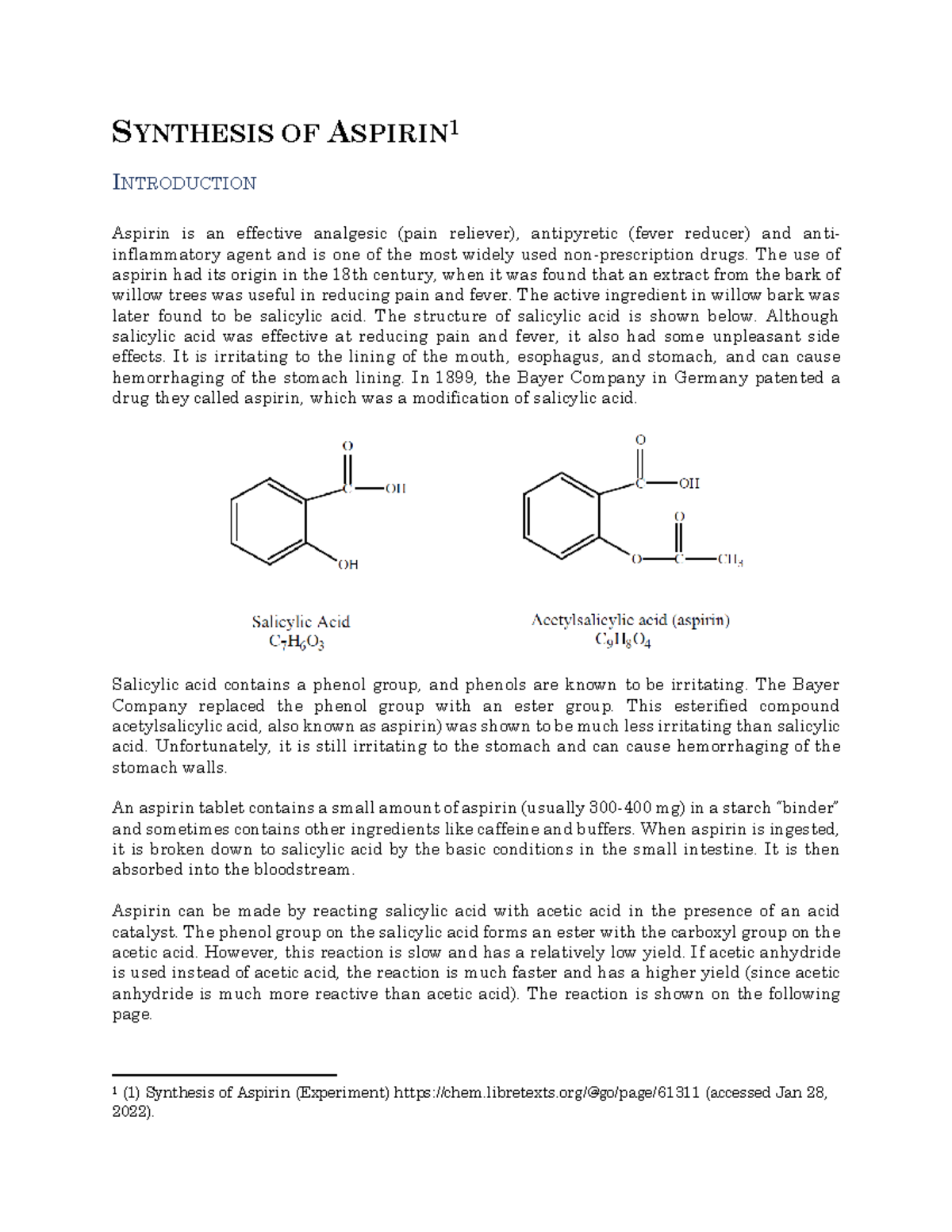 Synthesis of Aspirin Dr. Bradley SYNTHESIS OF ASPIRIN 1