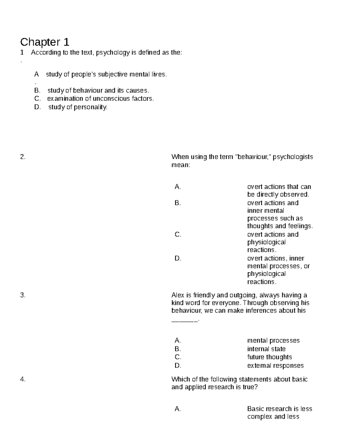 Psychology Chapter 1 Questions - Chapter 1 1 . According To The Text ...