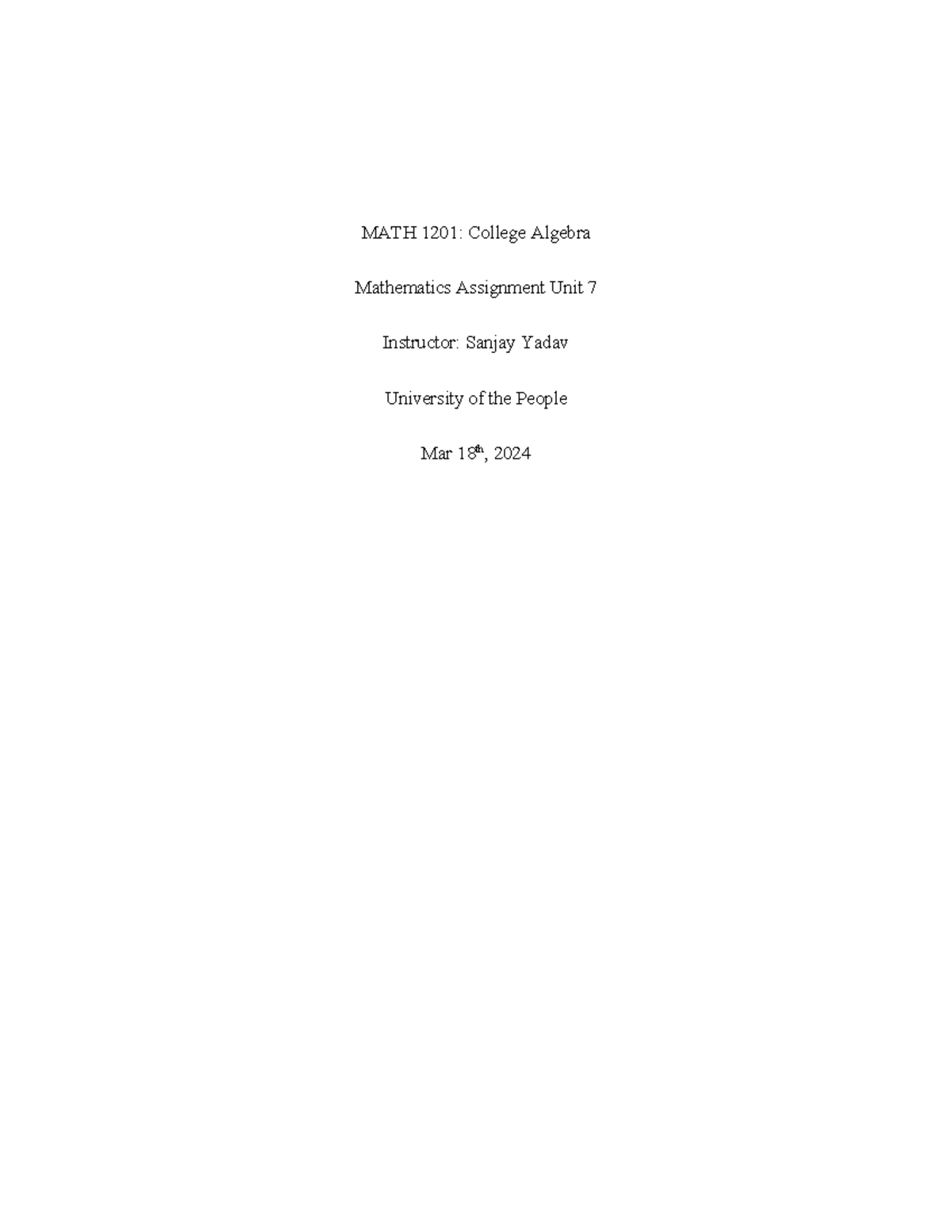 MATH 1201 Assignment Unit 7 - MATH 1201: College Algebra Mathematics ...