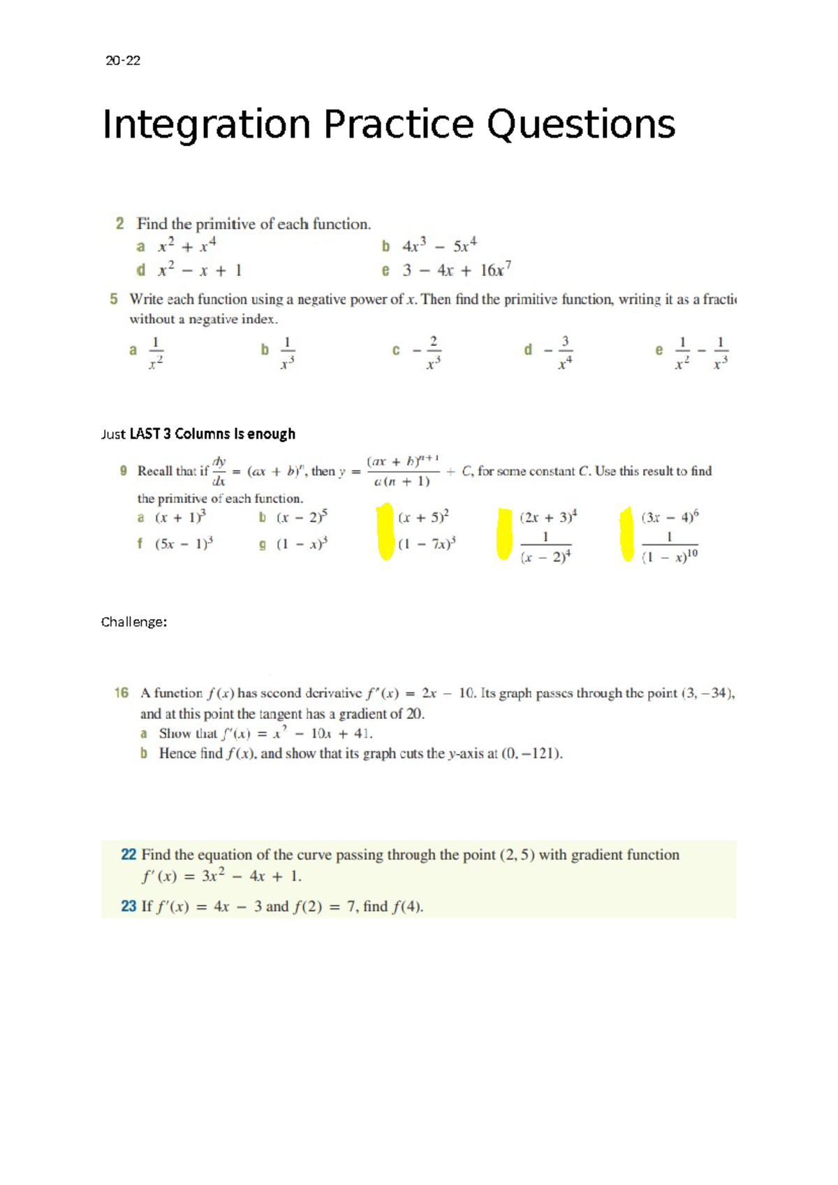 Integration Practice Questions - 20- Integration Practice Questions ...
