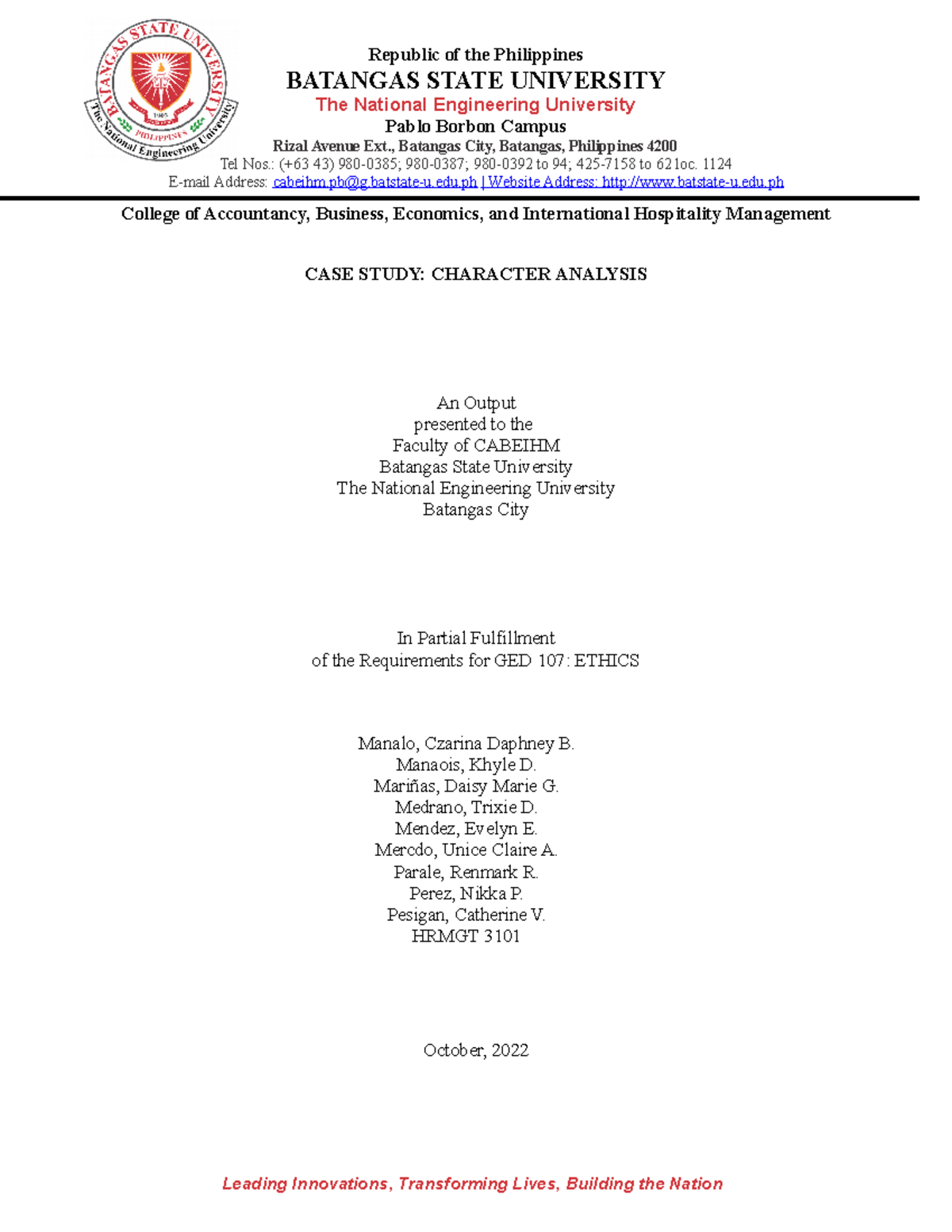 K Character Analysis Format - Republic of the Philippines BATANGAS