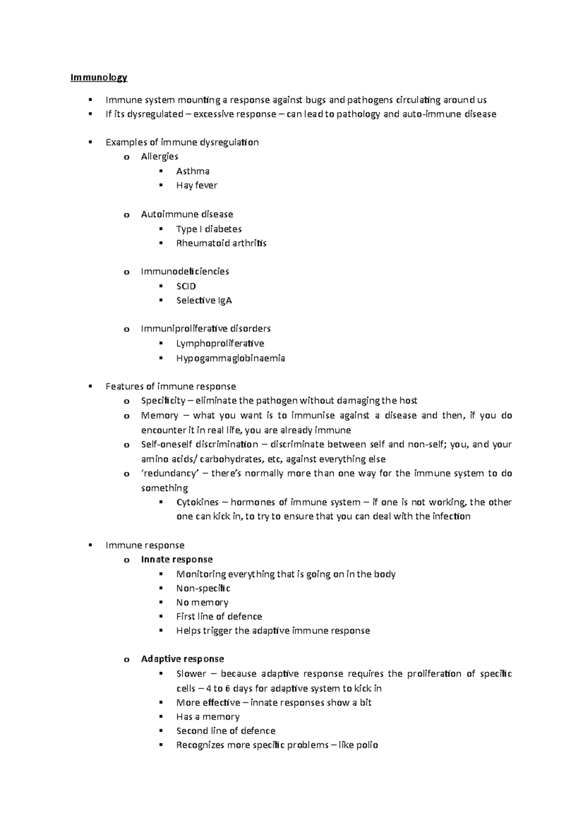 Immunology - Lecture notes 2 - Immunology Immune system mouning a ...
